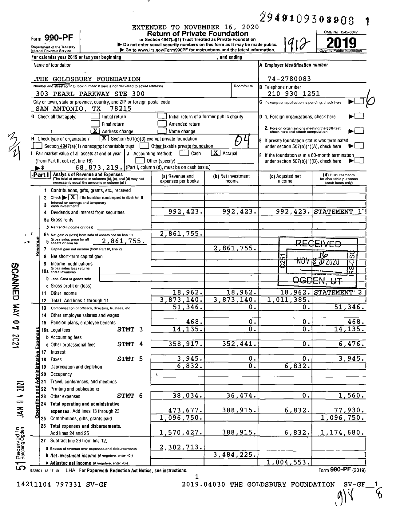 Image of first page of 2019 Form 990PF for The Goldsbury Foundation