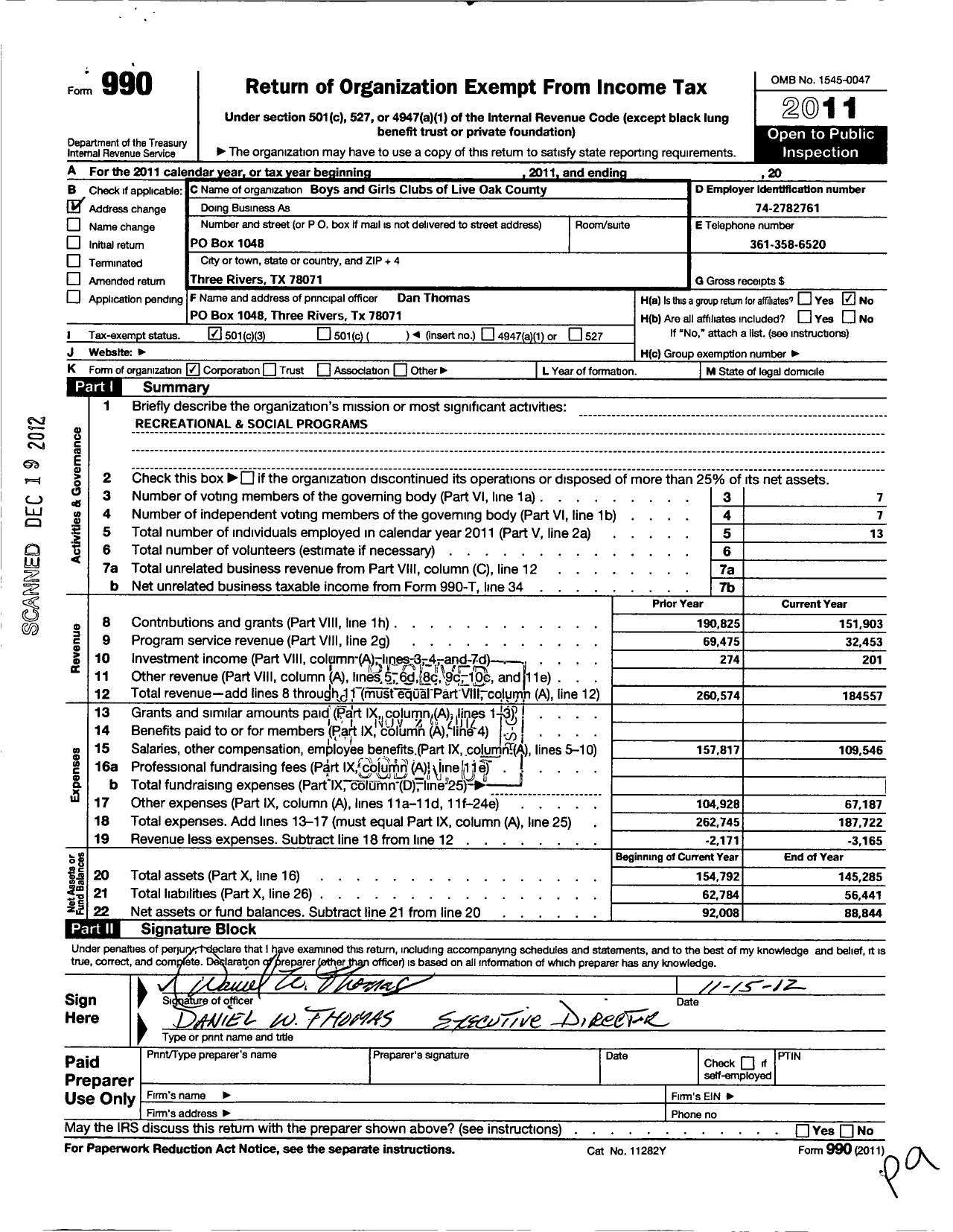 Image of first page of 2011 Form 990 for Boys and Girls Club of Live Oak County