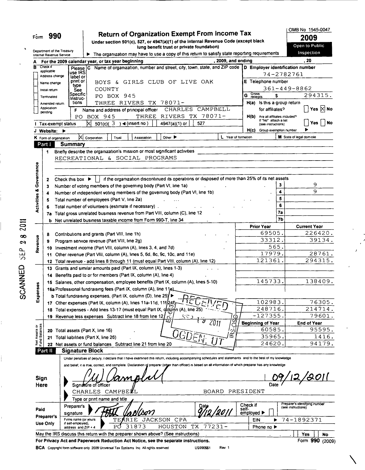 Image of first page of 2009 Form 990 for Boys and Girls Club of Live Oak County