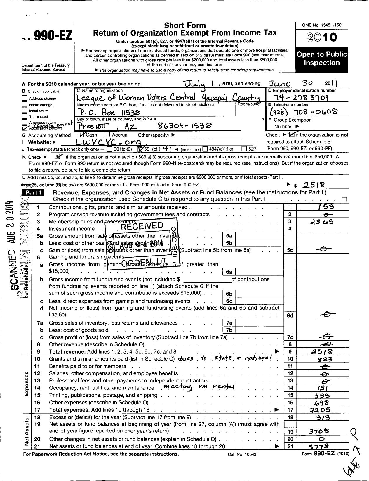 Image of first page of 2010 Form 990EO for League of Women Voters of Arizona