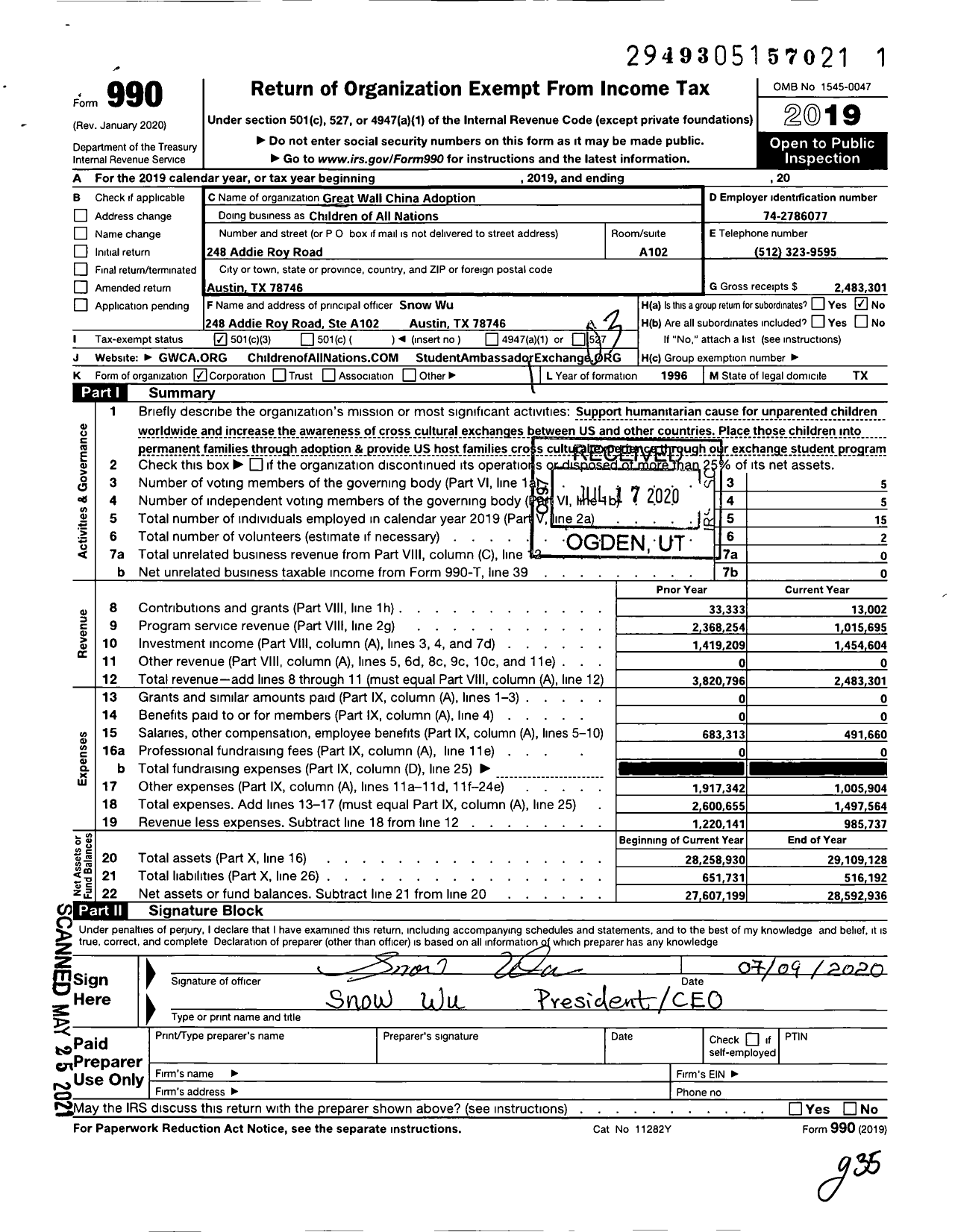 Image of first page of 2019 Form 990 for Children of All Nations (GWCA)
