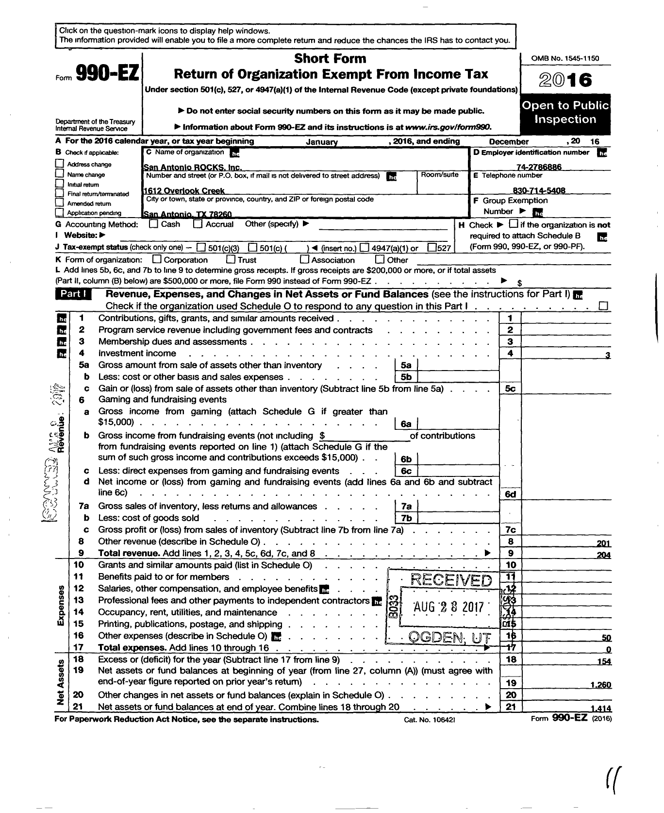 Image of first page of 2016 Form 990EO for San Antonio Rocks