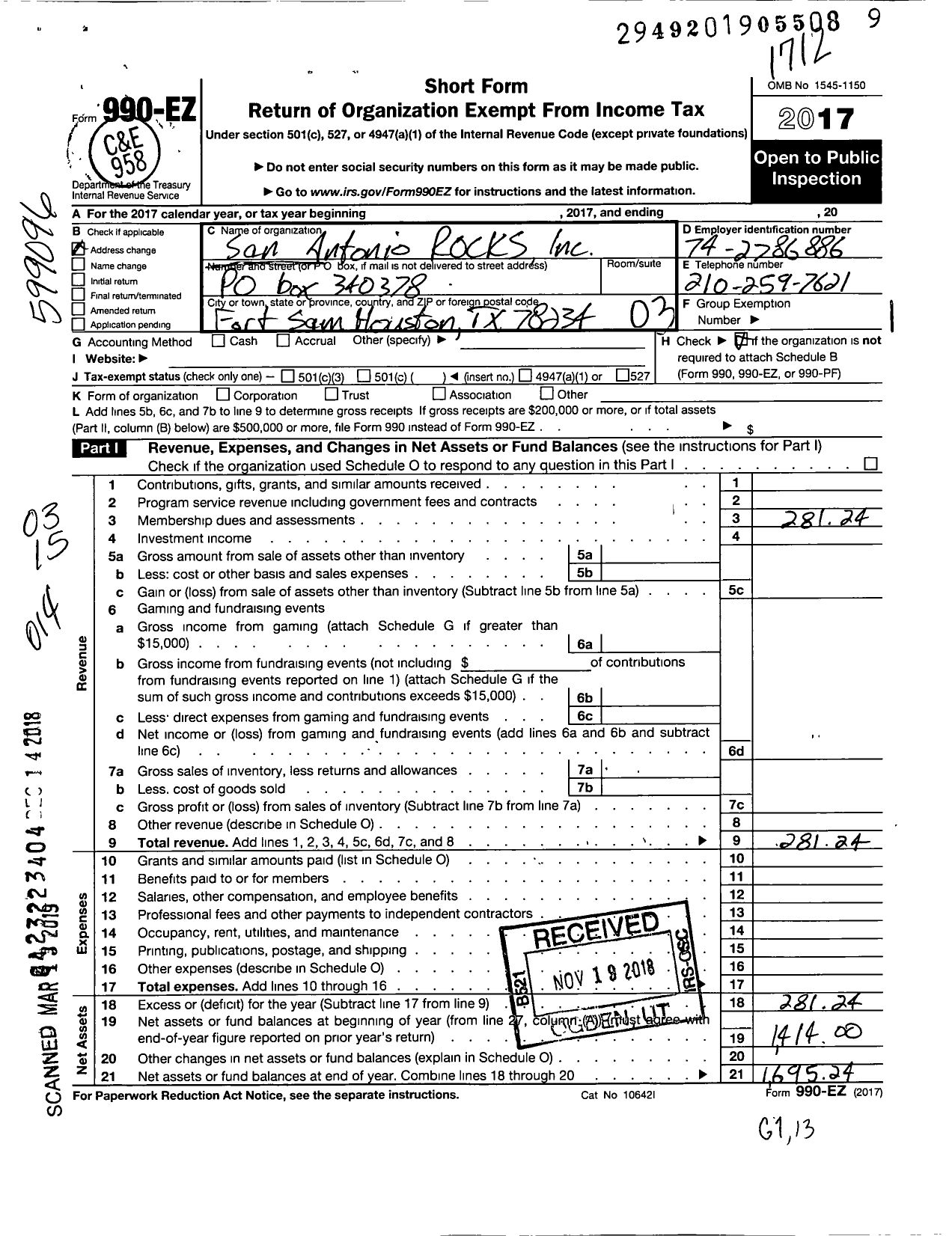 Image of first page of 2017 Form 990EZ for San Antonio Rocks