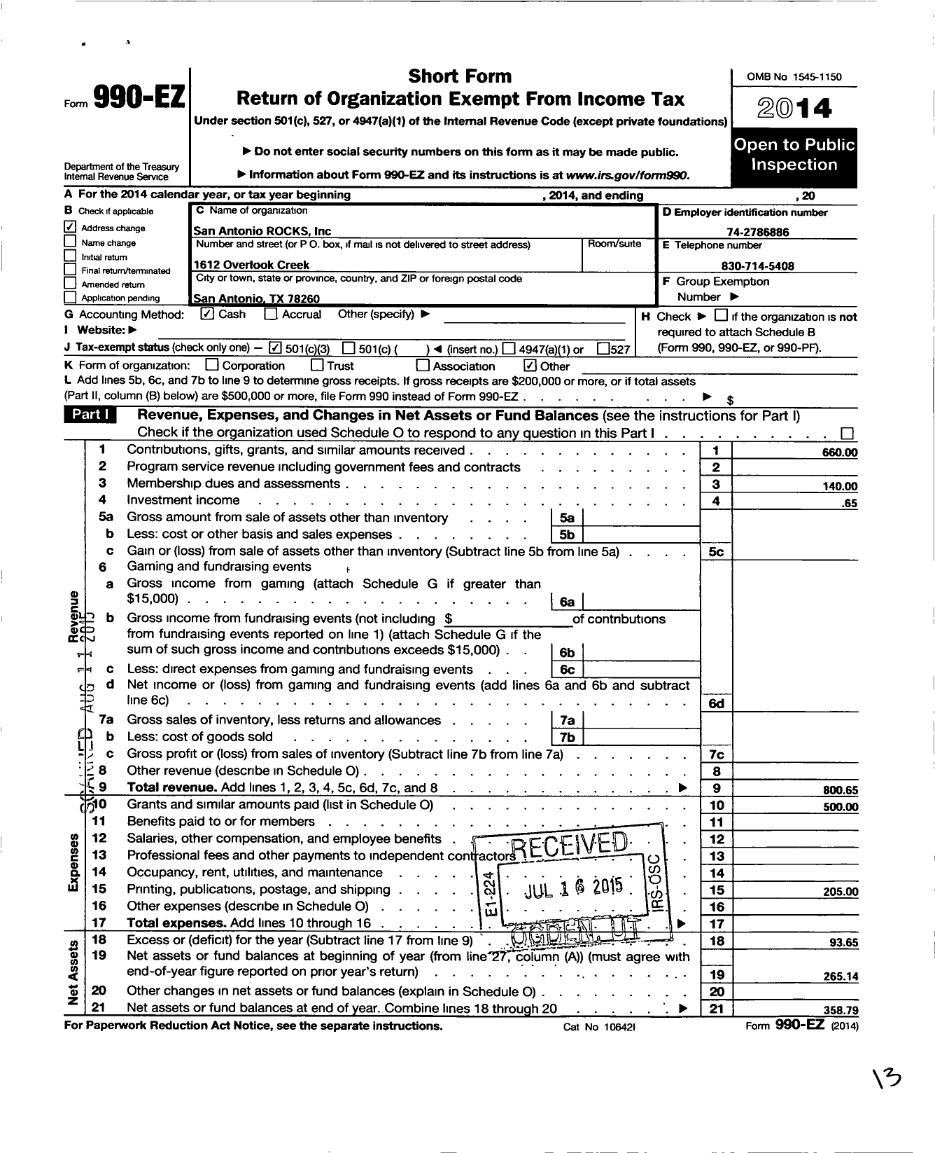 Image of first page of 2014 Form 990EZ for San Antonio Rocks