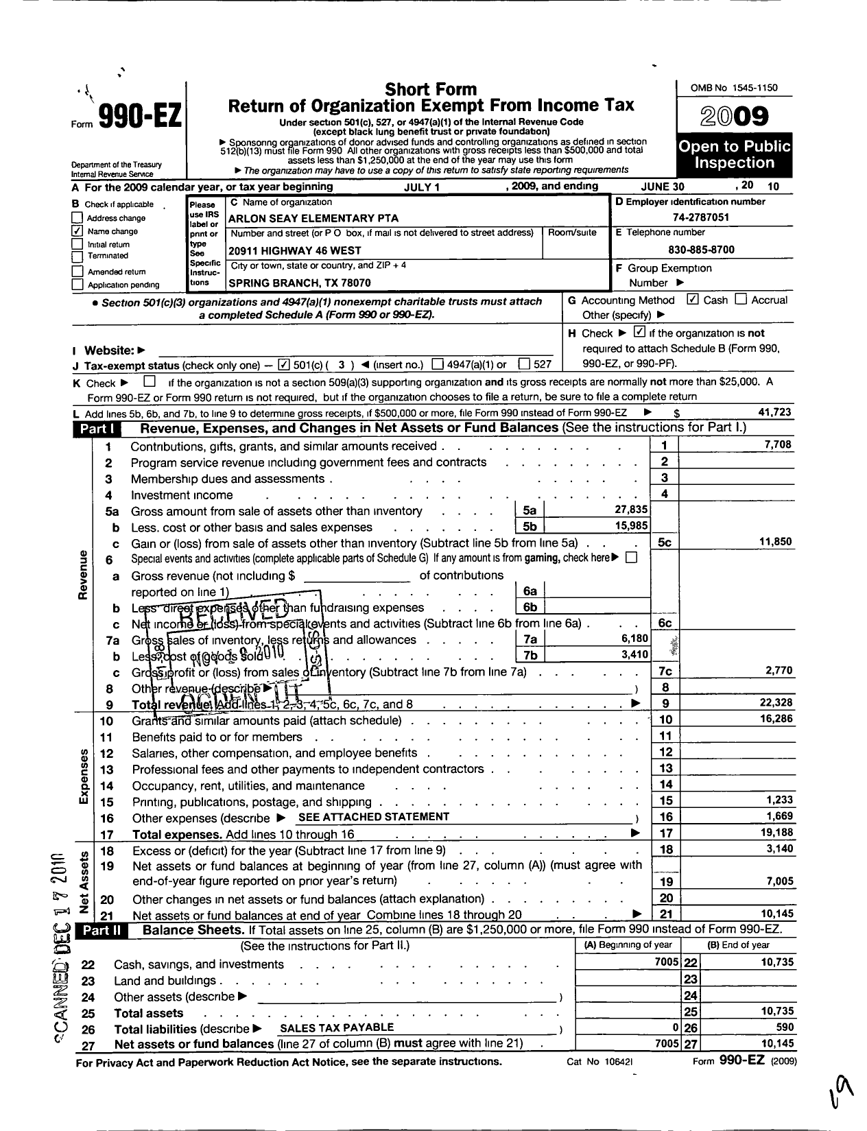 Image of first page of 2009 Form 990EZ for Texas PTA - 1612 Arlon Seay Intermediate PTA