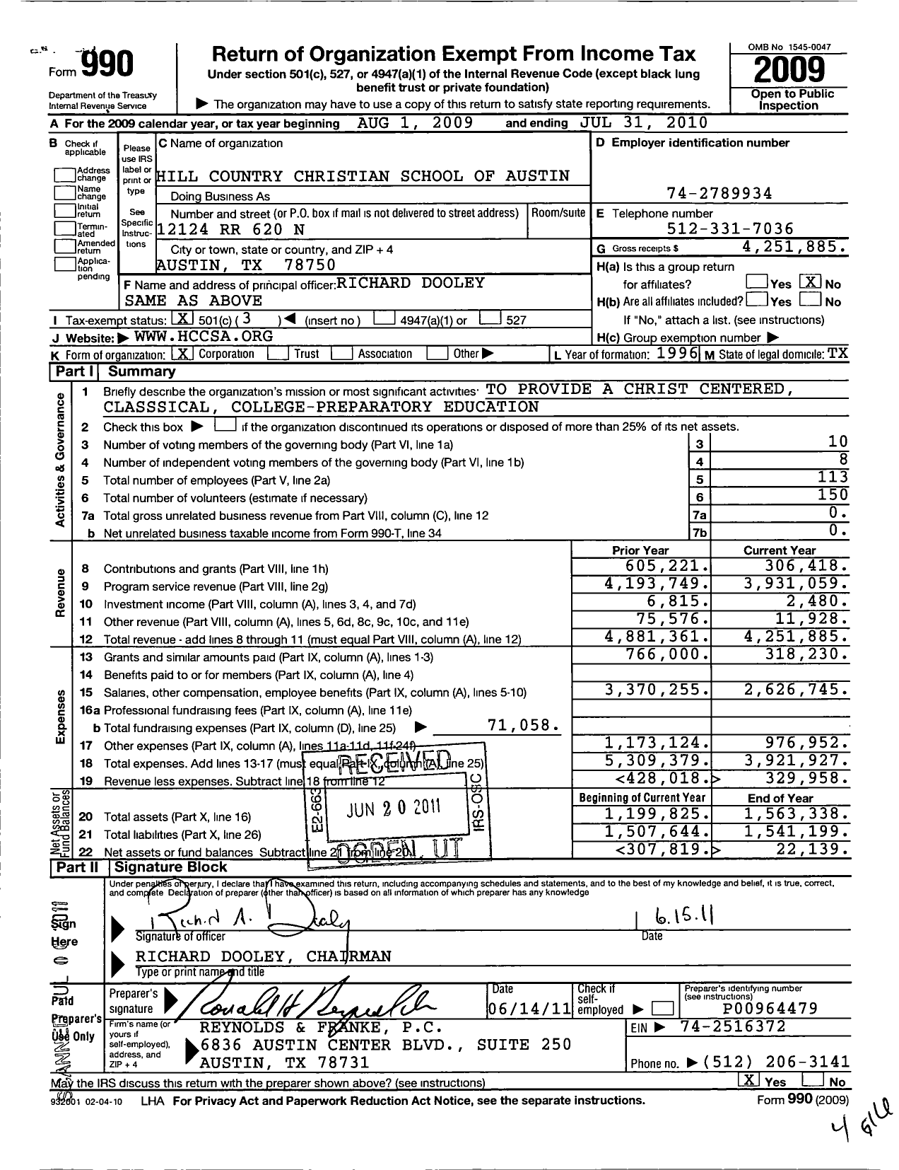 Image of first page of 2009 Form 990 for Hill Country Christian School of Austin