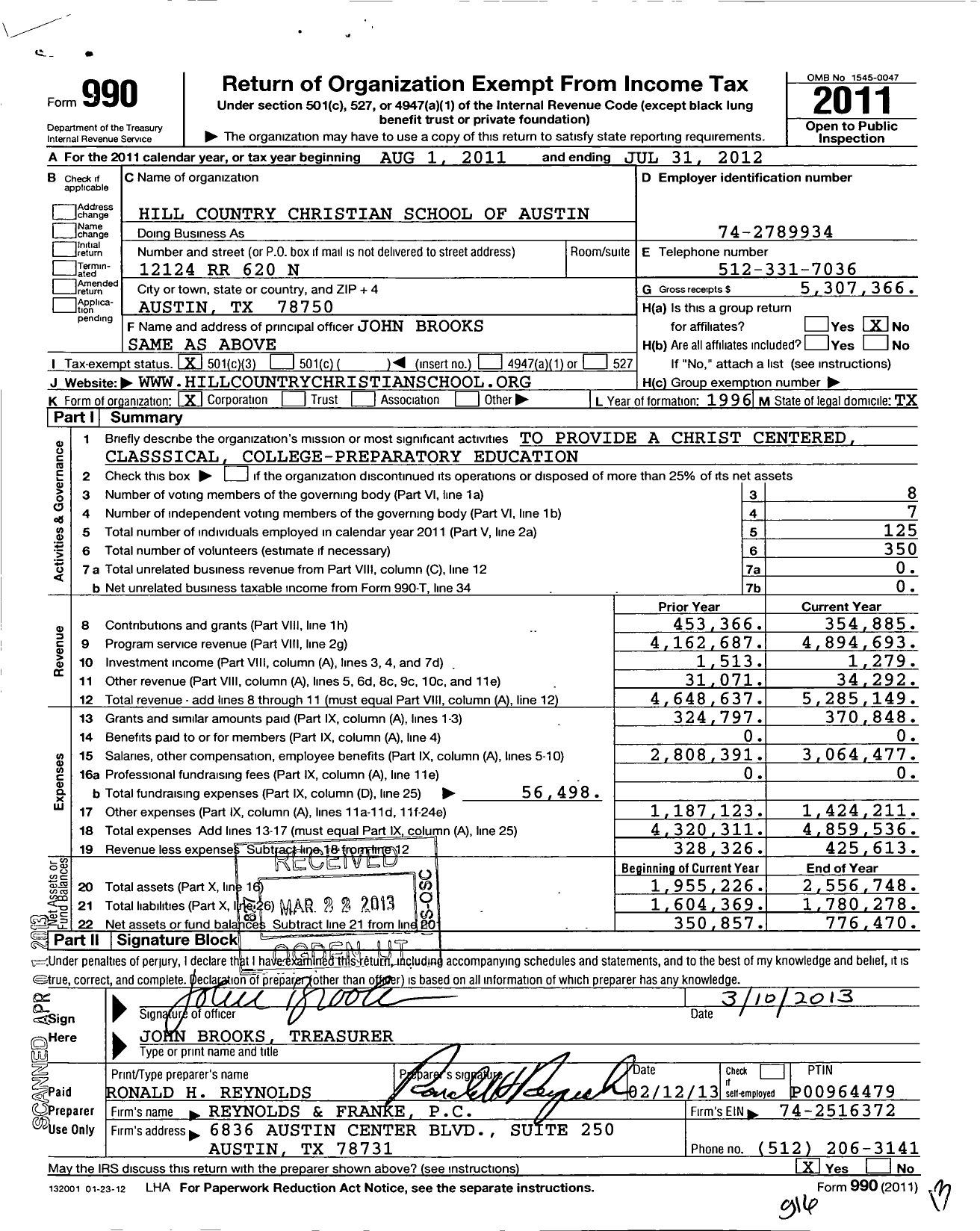 Image of first page of 2011 Form 990 for Hill Country Christian School of Austin