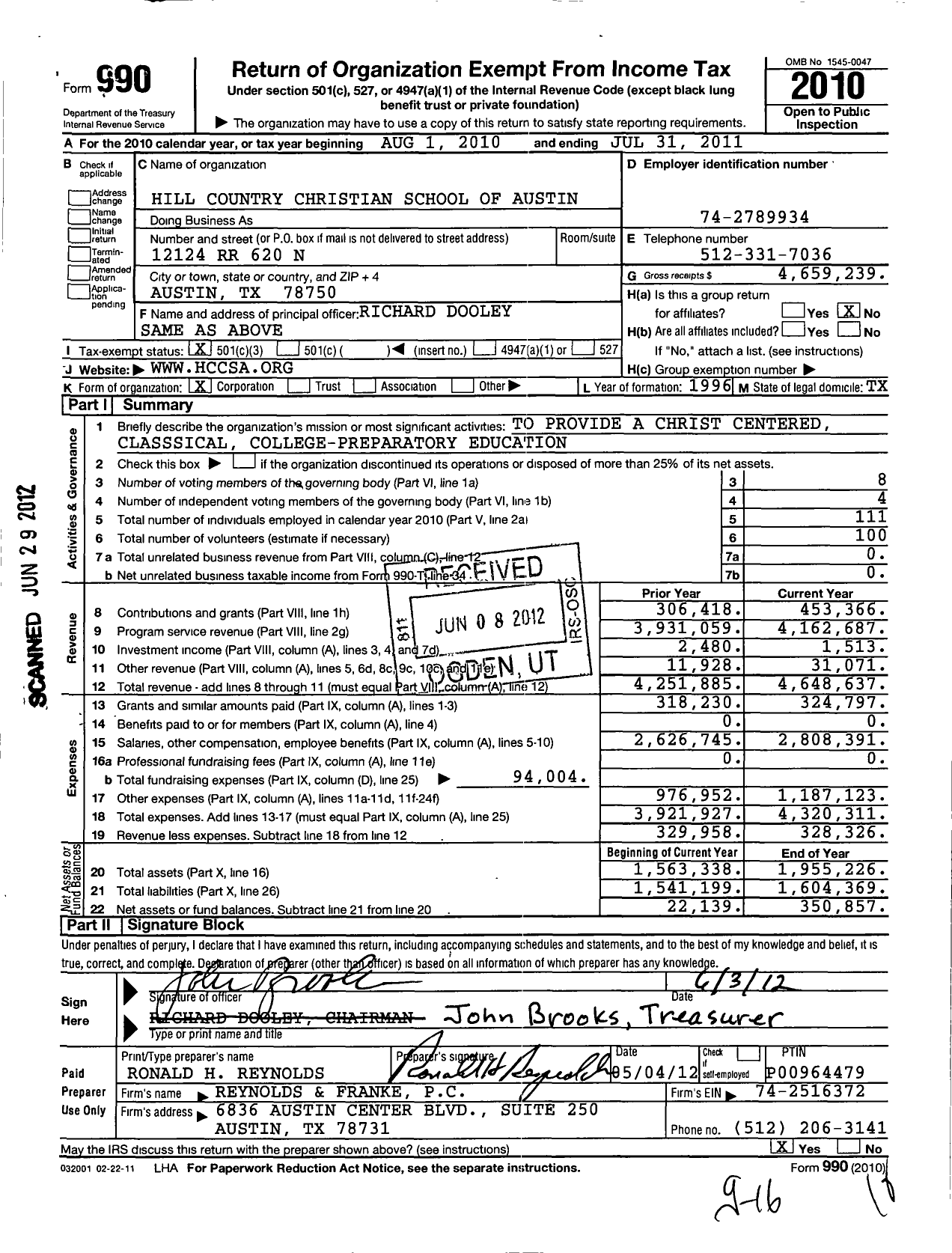 Image of first page of 2010 Form 990 for Hill Country Christian School of Austin