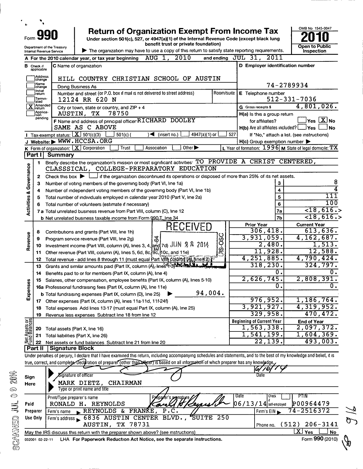 Image of first page of 2010 Form 990 for Hill Country Christian School of Austin