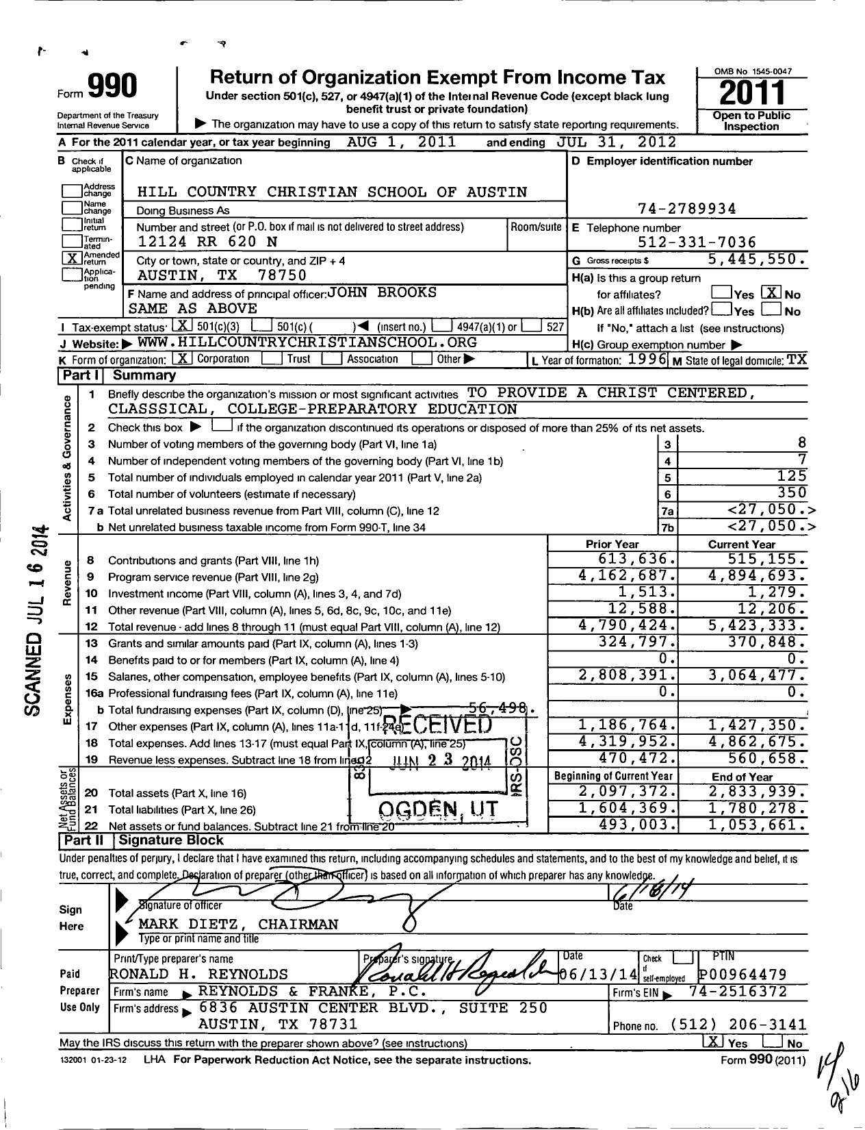 Image of first page of 2011 Form 990 for Hill Country Christian School of Austin