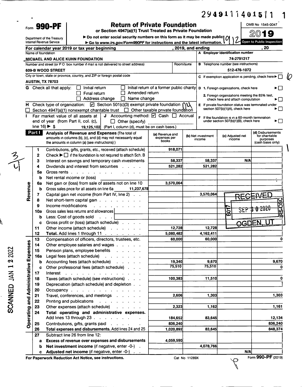 Image of first page of 2019 Form 990PF for Michael and Alice Kuhn Foundation