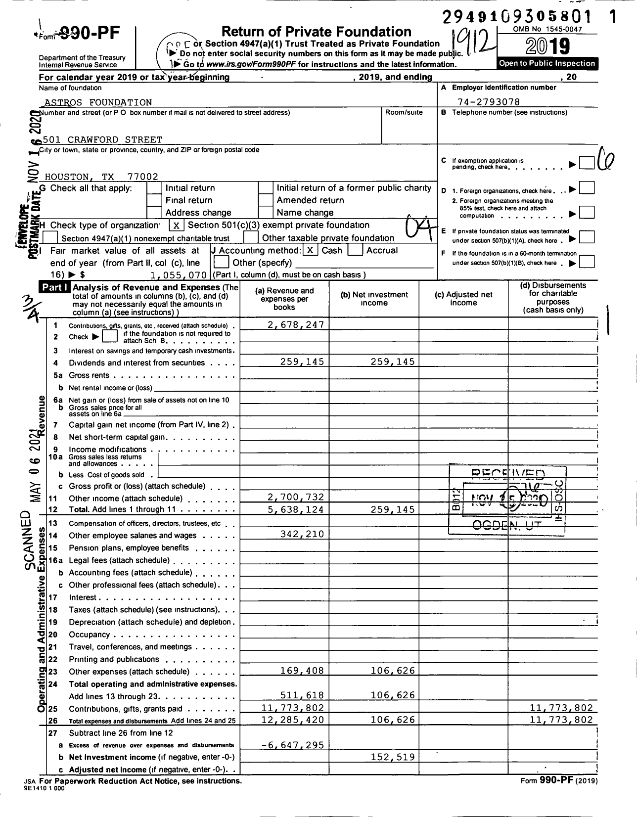 Image of first page of 2019 Form 990PF for Astros Foundation