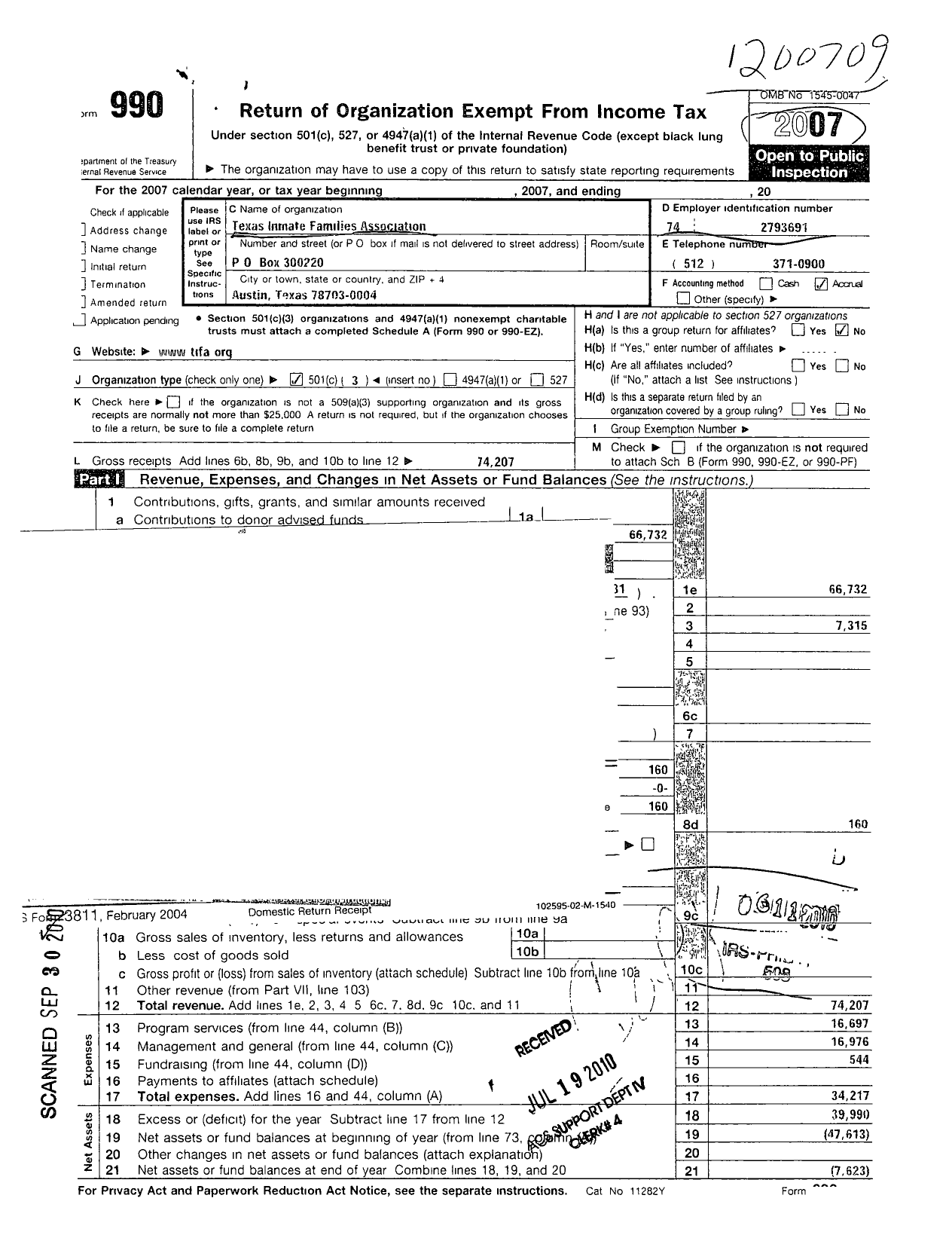 Image of first page of 2007 Form 990 for Texas Inmate Families Association (TIFA)