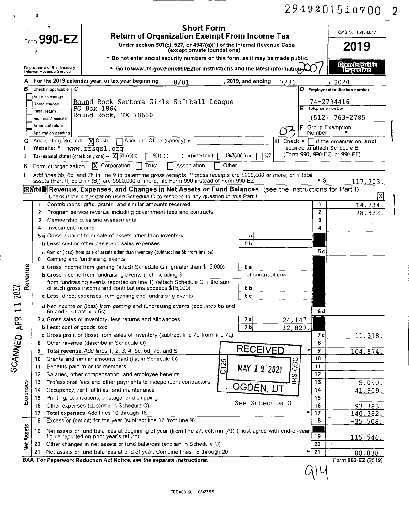 Image of first page of 2019 Form 990EZ for Round Rock Sertoma Girls Softball League