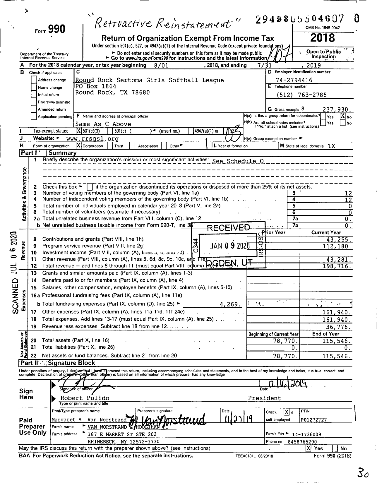 Image of first page of 2018 Form 990 for Round Rock Sertoma Girls Softball League