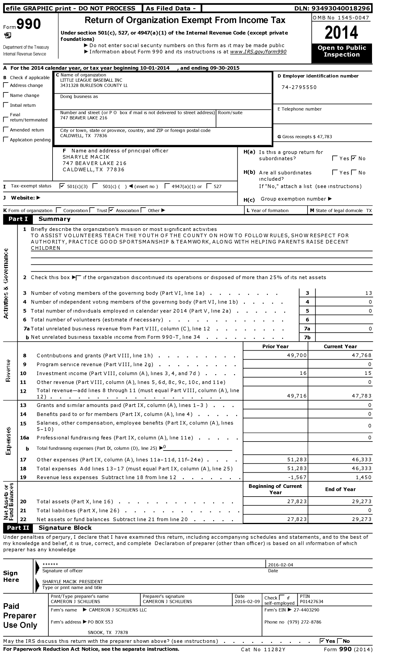 Image of first page of 2014 Form 990 for Little League Baseball - 3431328 Burleson County LL