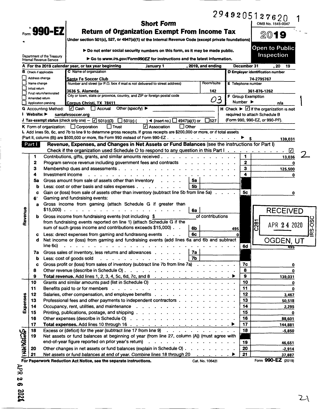 Image of first page of 2019 Form 990EZ for Santa Fe Soccer Club