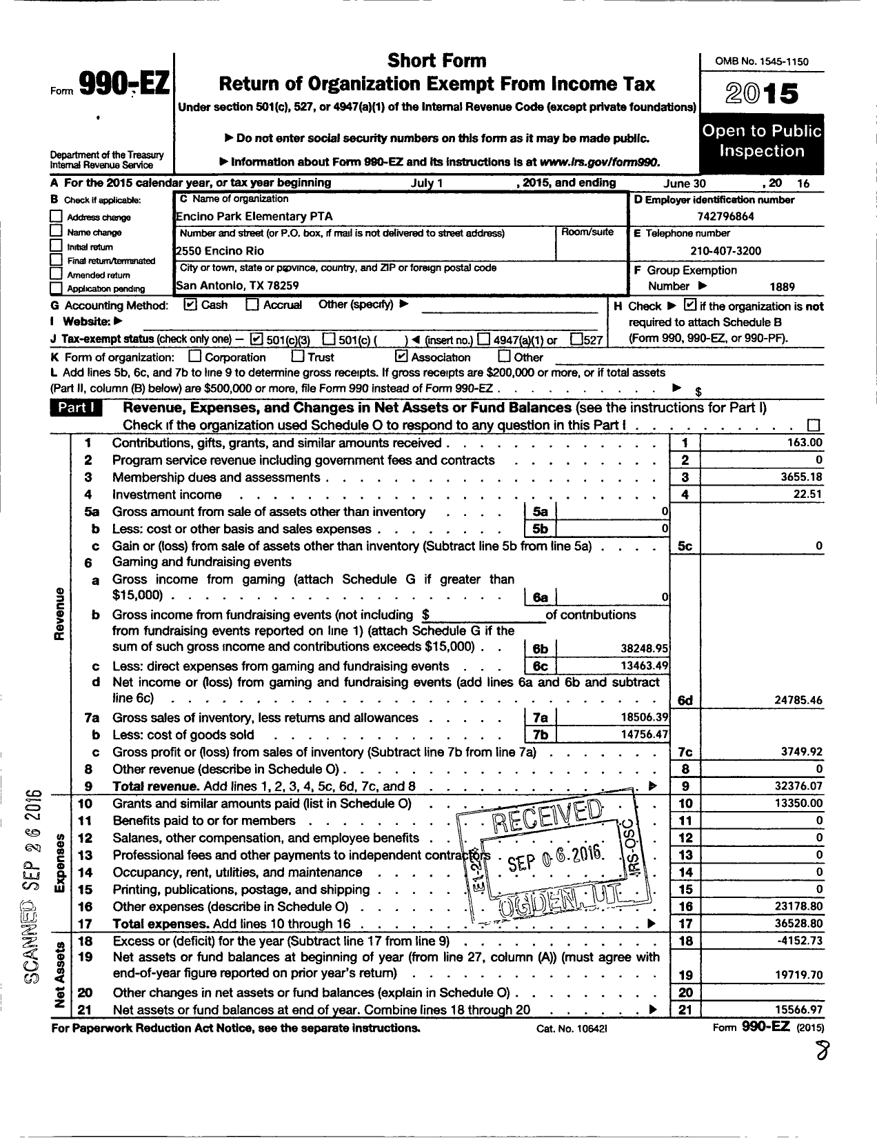 Image of first page of 2015 Form 990EZ for Texas PTA - 8256 Encino Park Elementary PTA