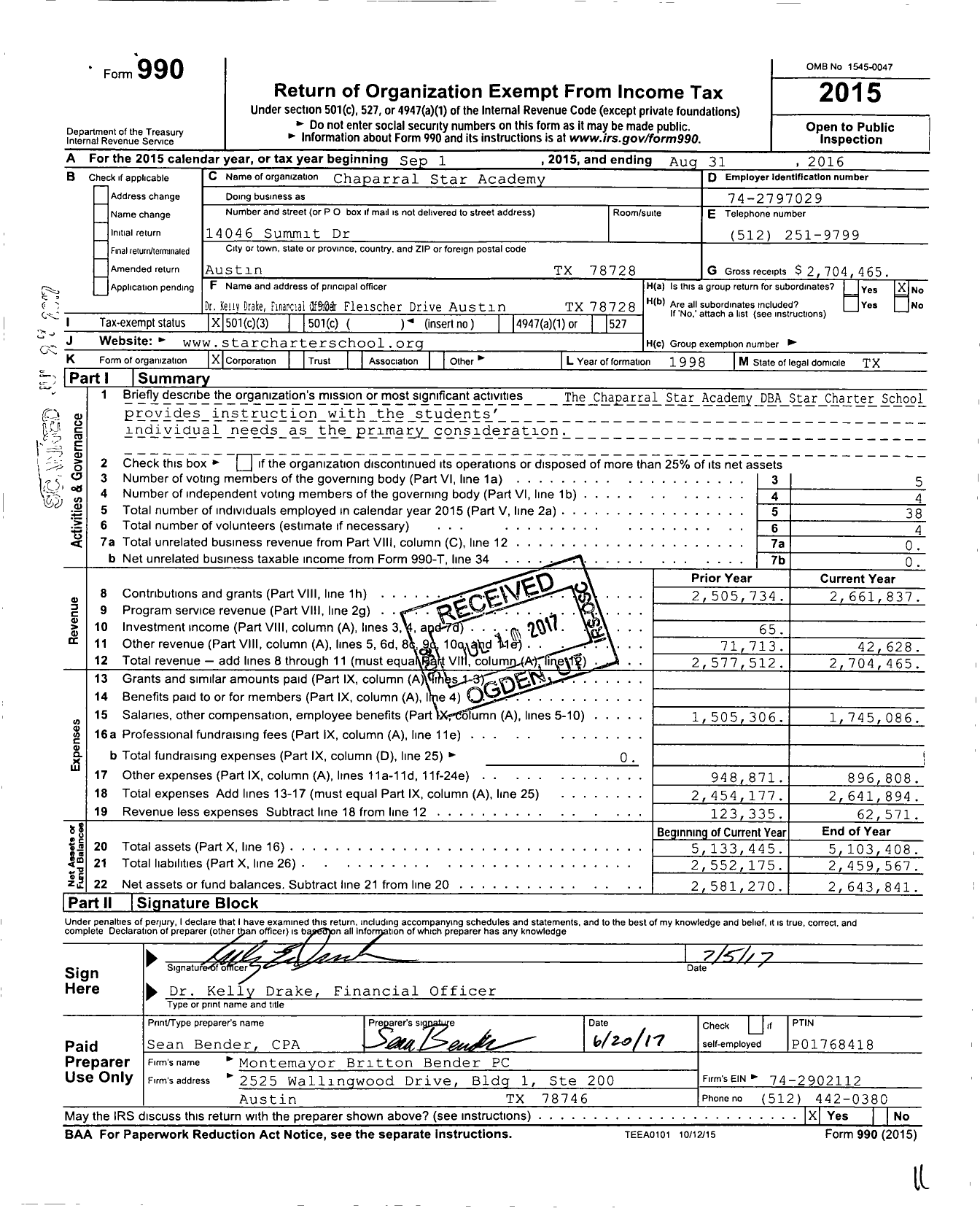 Image of first page of 2015 Form 990 for Chaparral Star Academy