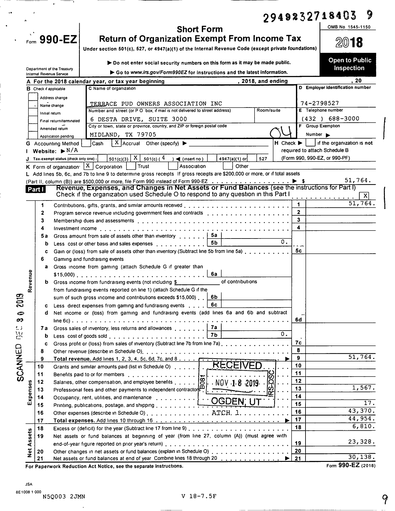 Image of first page of 2018 Form 990EO for Terrace PUD Owners Association