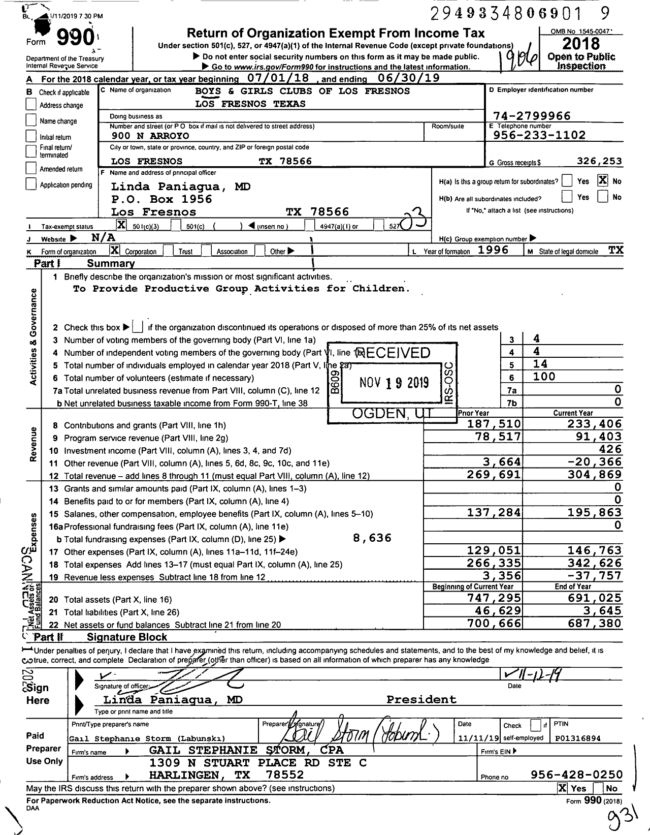 Image of first page of 2018 Form 990 for Boys and Girls Club of Los Fresnos Texas