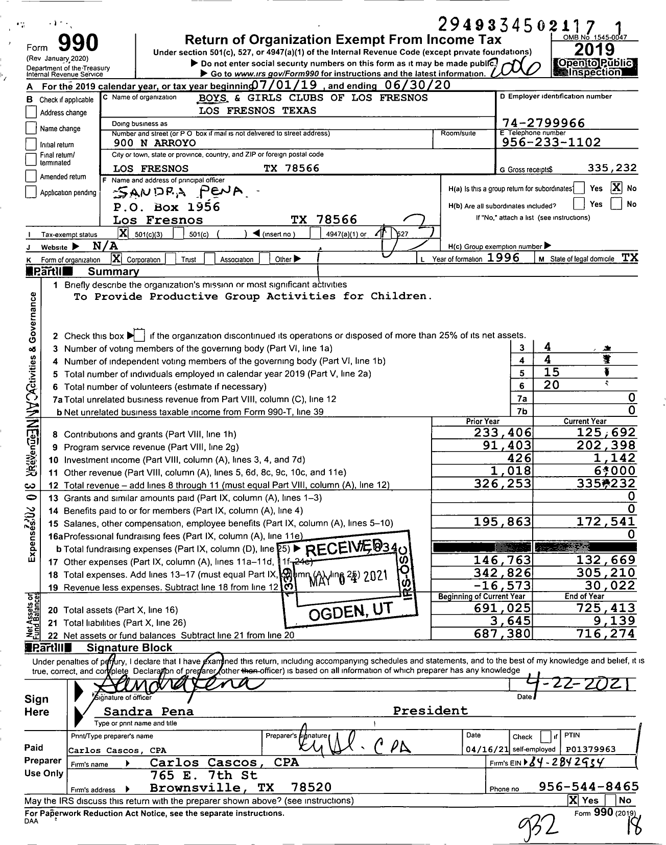 Image of first page of 2019 Form 990 for Boys and Girls Club of Los Fresnos Texas