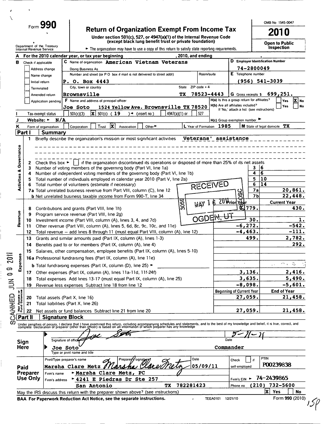 Image of first page of 2010 Form 990O for The American Vietnam Veterans