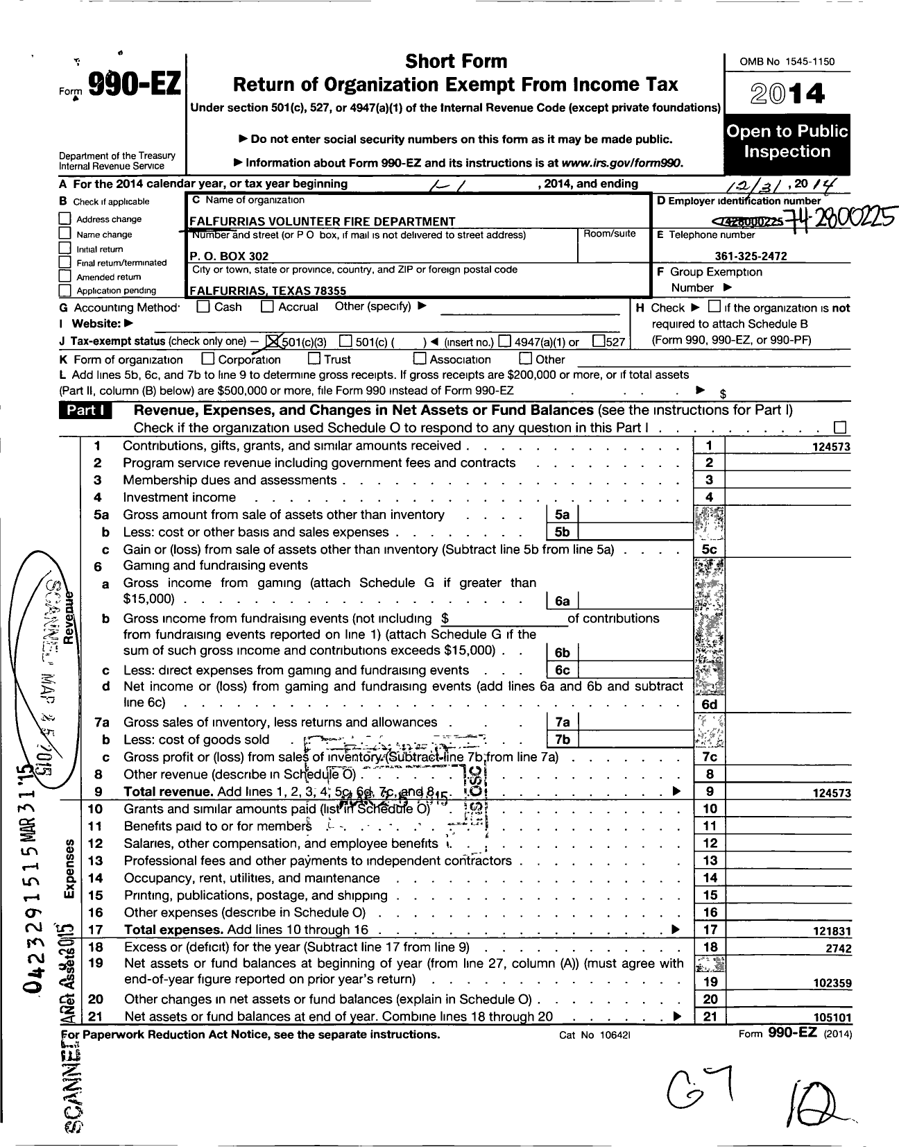 Image of first page of 2014 Form 990EZ for Falfurrias Volunteer Fire Department