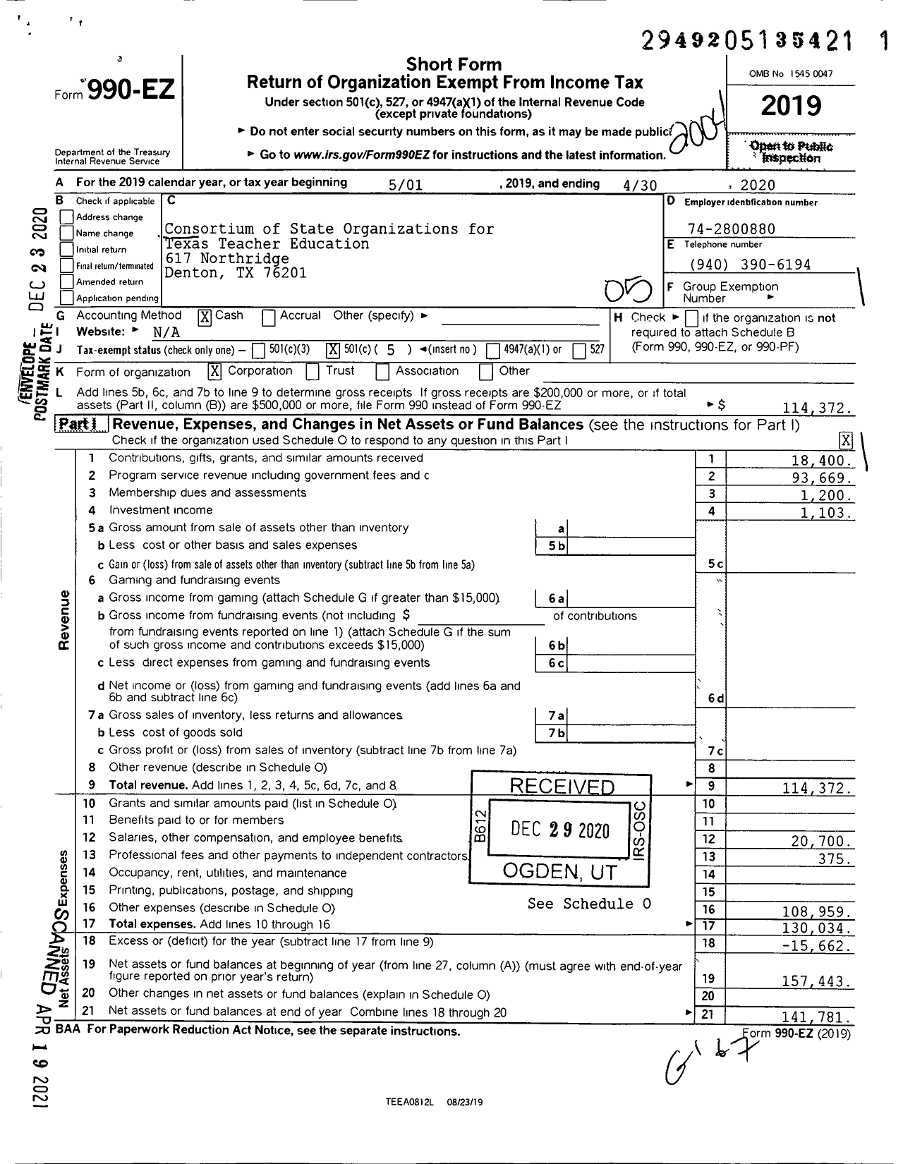 Image of first page of 2019 Form 990EO for Consortium of State Organizations for Texas Teacher Education