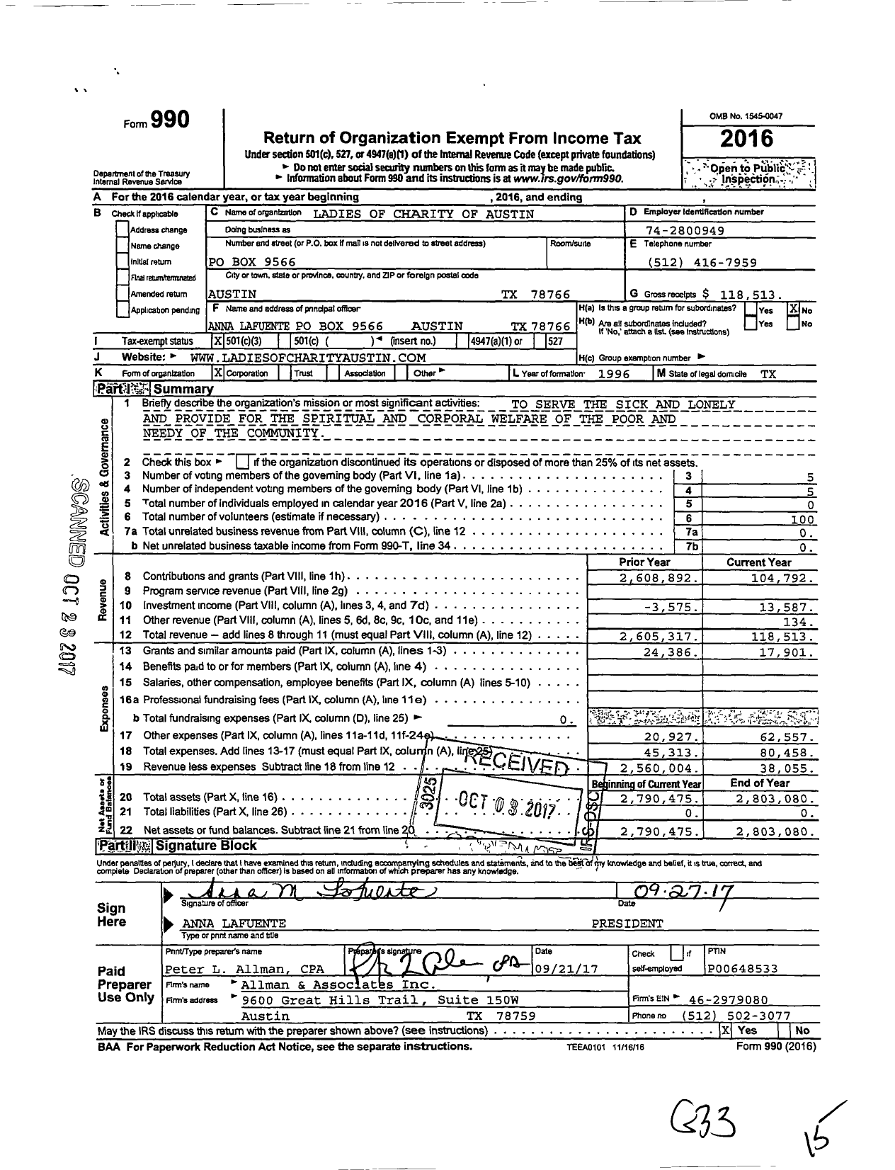 Image of first page of 2016 Form 990 for Ladies of Charity of Austin