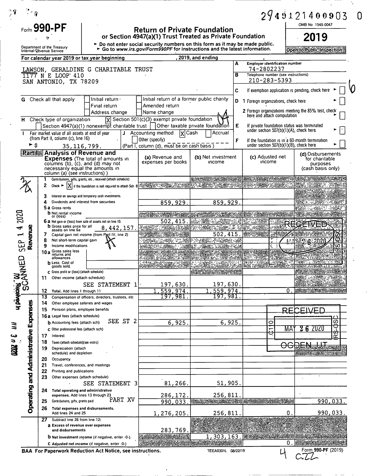 Image of first page of 2019 Form 990PR for Lawson Geraldine G Charitable Trust