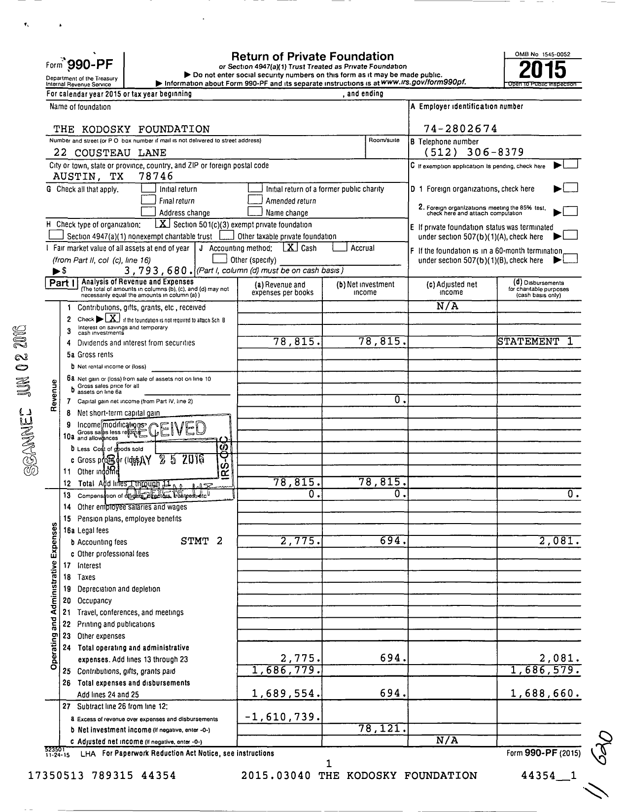 Image of first page of 2015 Form 990PF for The Kodosky Foundation