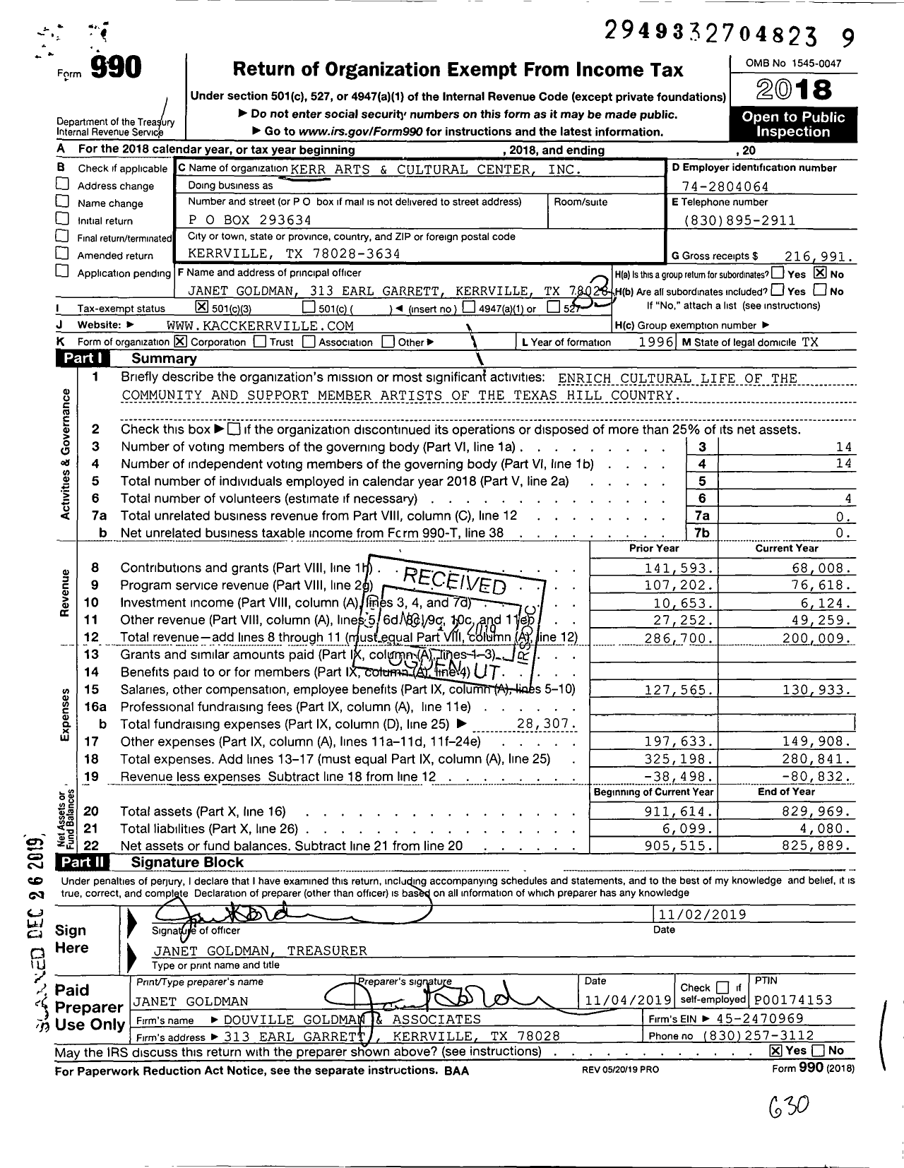 Image of first page of 2018 Form 990 for Kerr Arts and Cultural Center