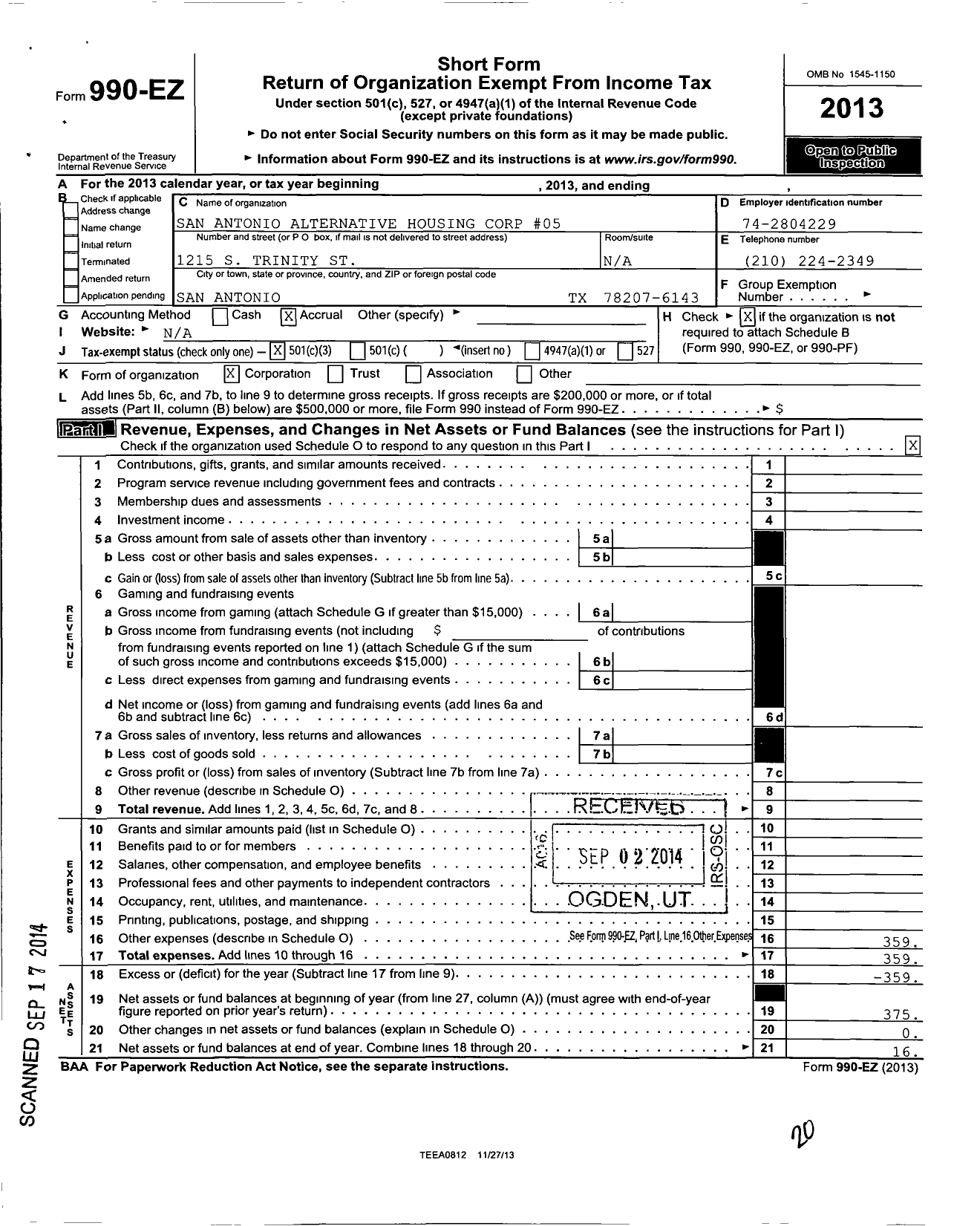 Image of first page of 2013 Form 990EZ for San Antonio Alternative Housing Corp 5
