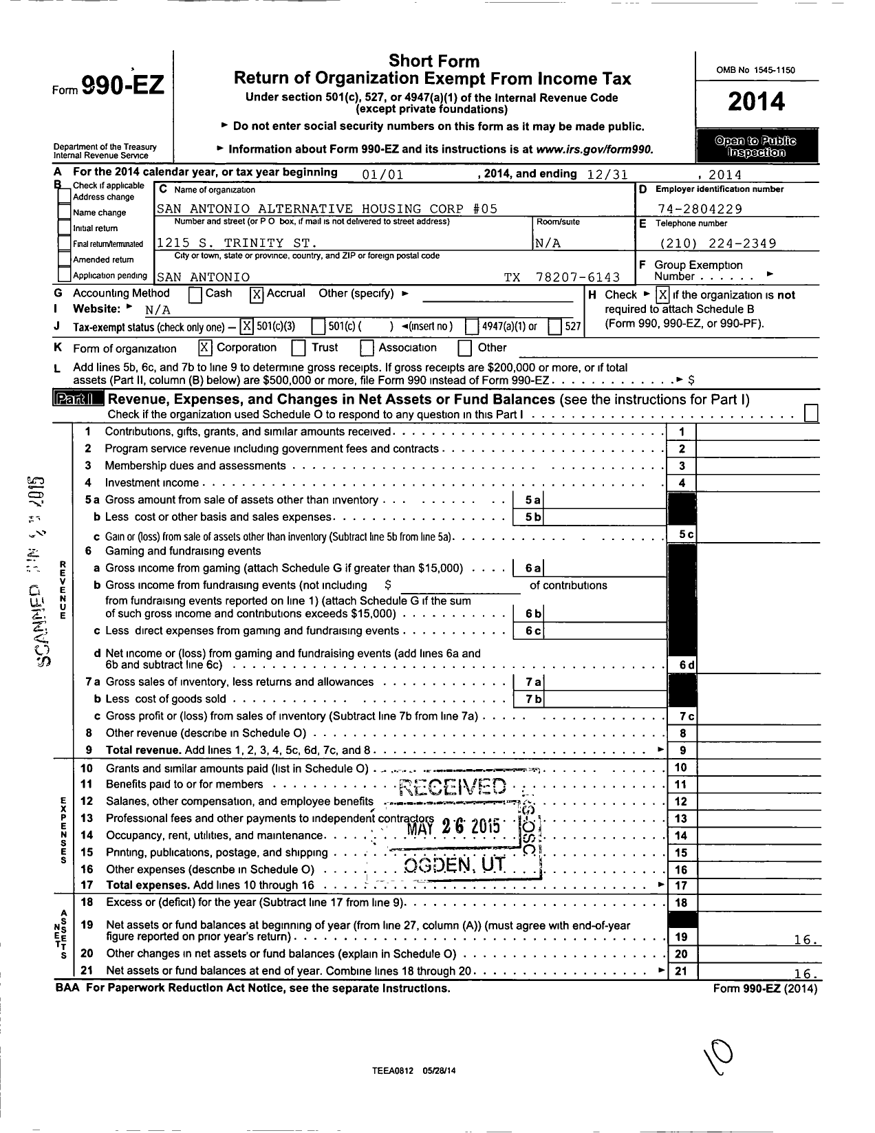 Image of first page of 2014 Form 990EZ for San Antonio Alternative Housing Corp 5