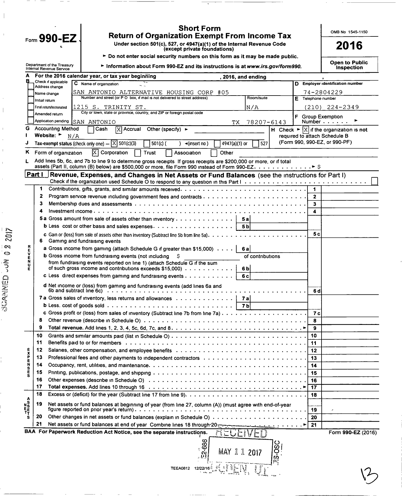 Image of first page of 2016 Form 990EZ for San Antonio Alternative Housing Corp 5