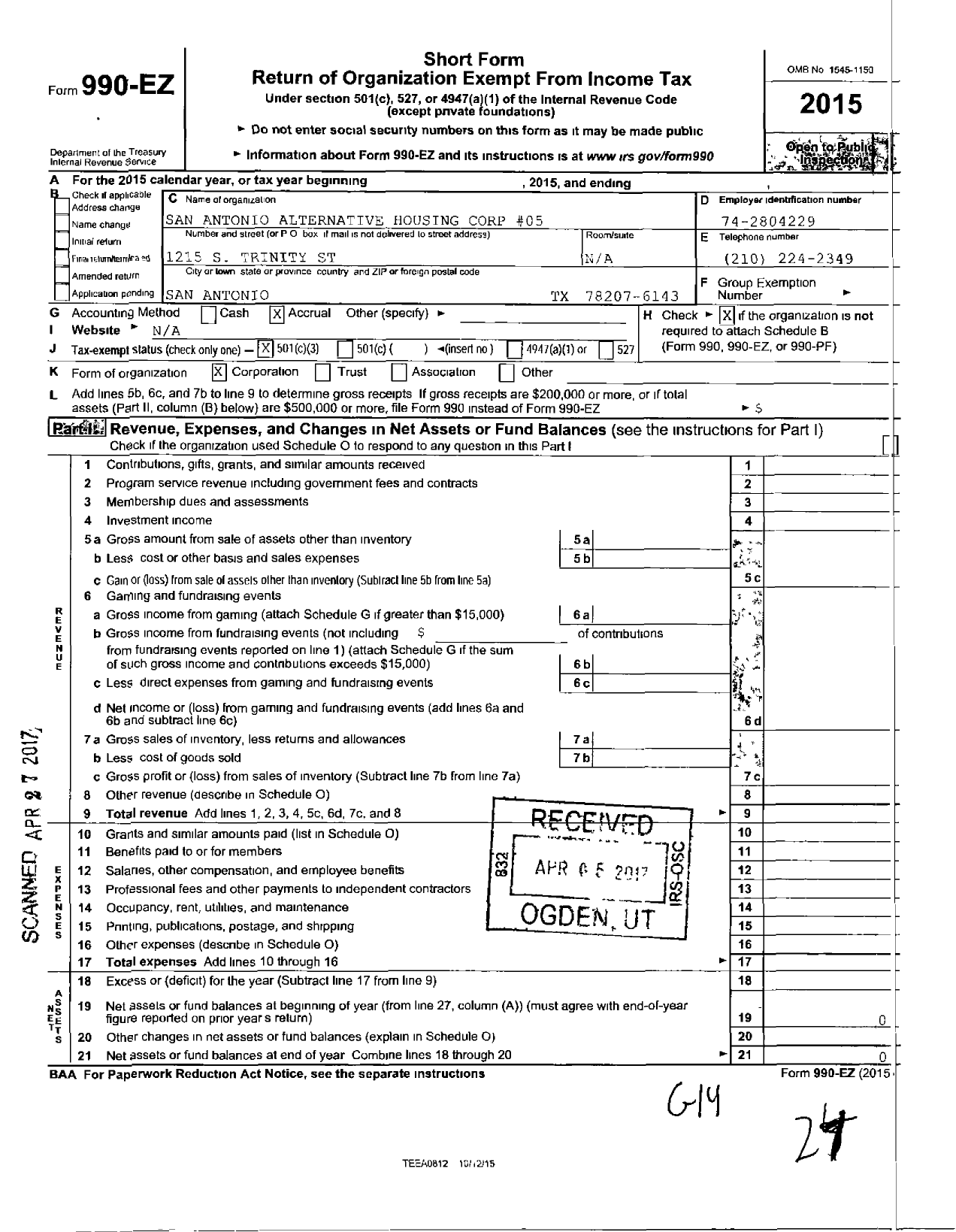 Image of first page of 2015 Form 990EZ for San Antonio Alternative Housing Corp 5