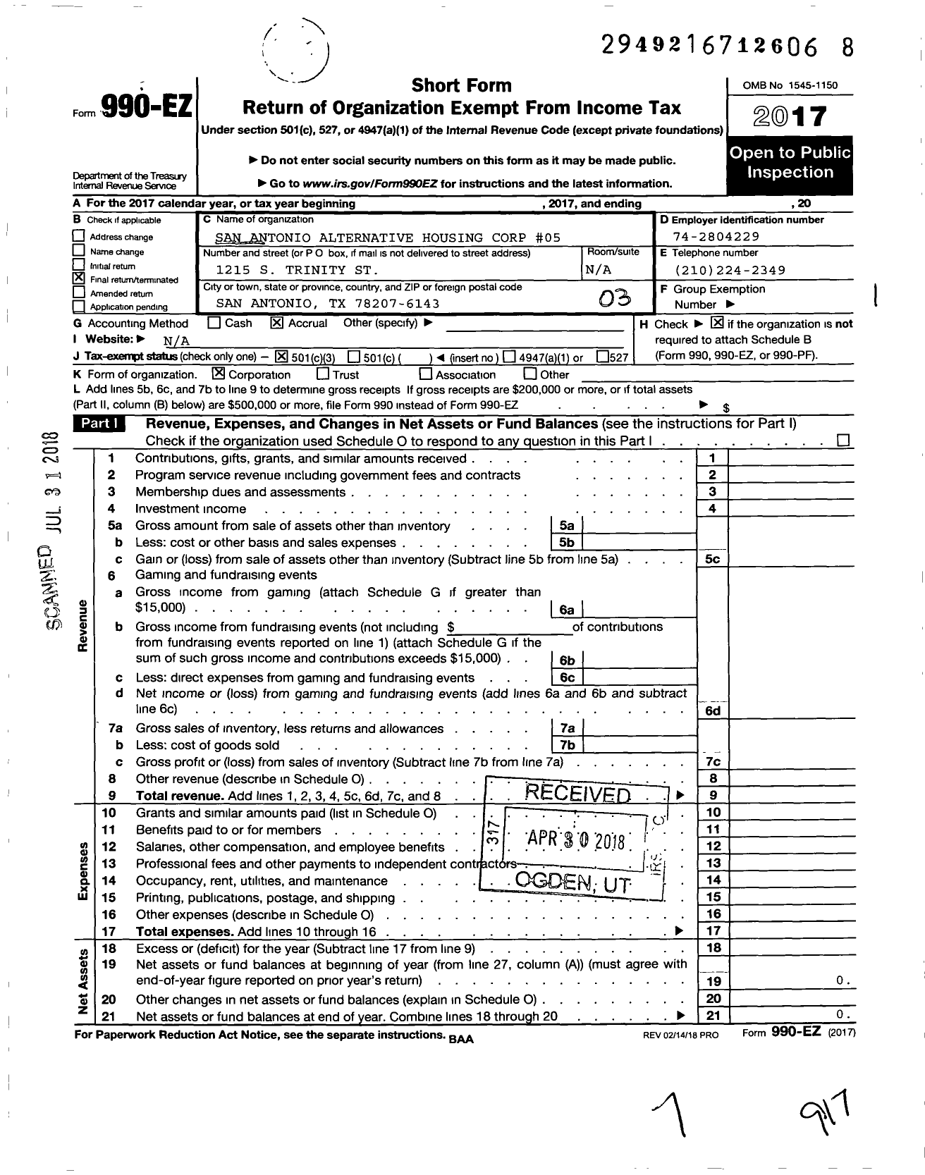 Image of first page of 2017 Form 990EZ for San Antonio Alternative Housing Corp 5