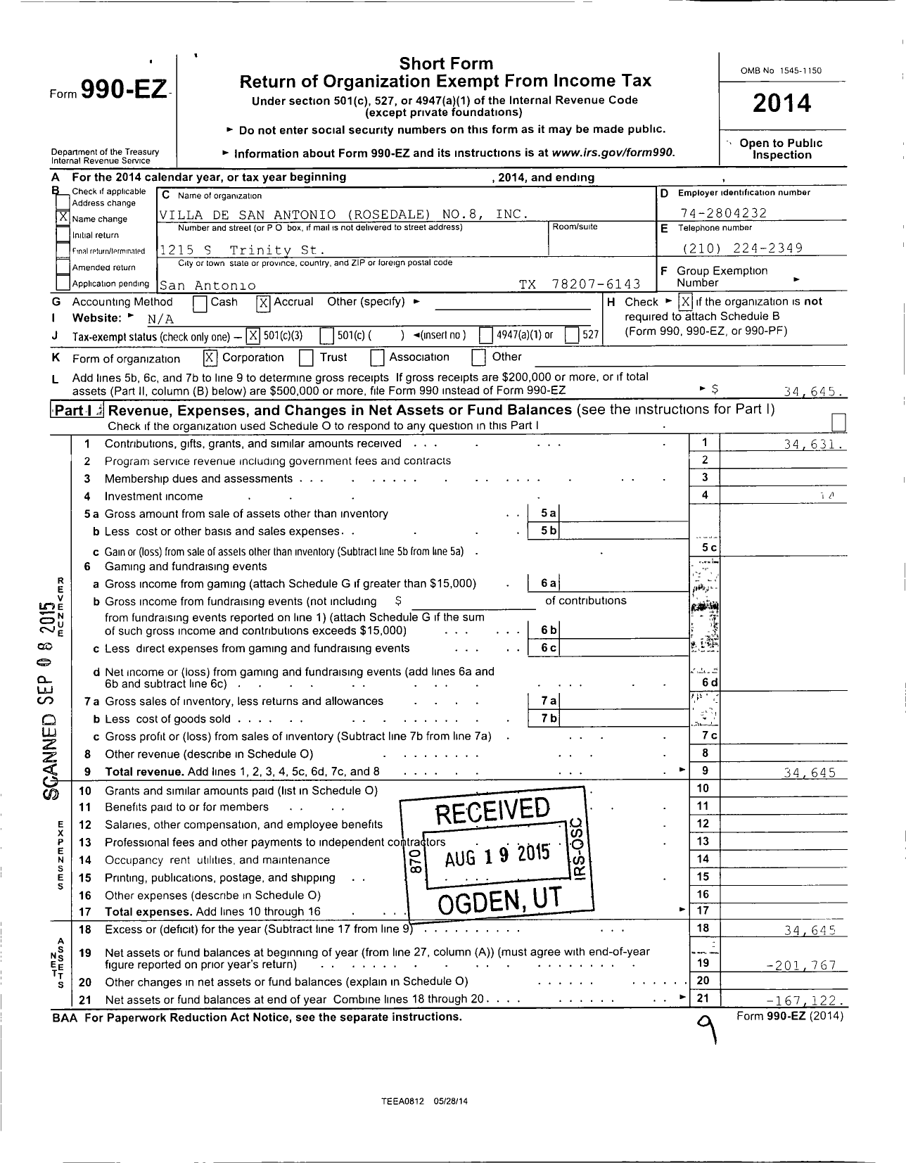 Image of first page of 2014 Form 990EZ for San Antonio Alternative Housing Corp #8