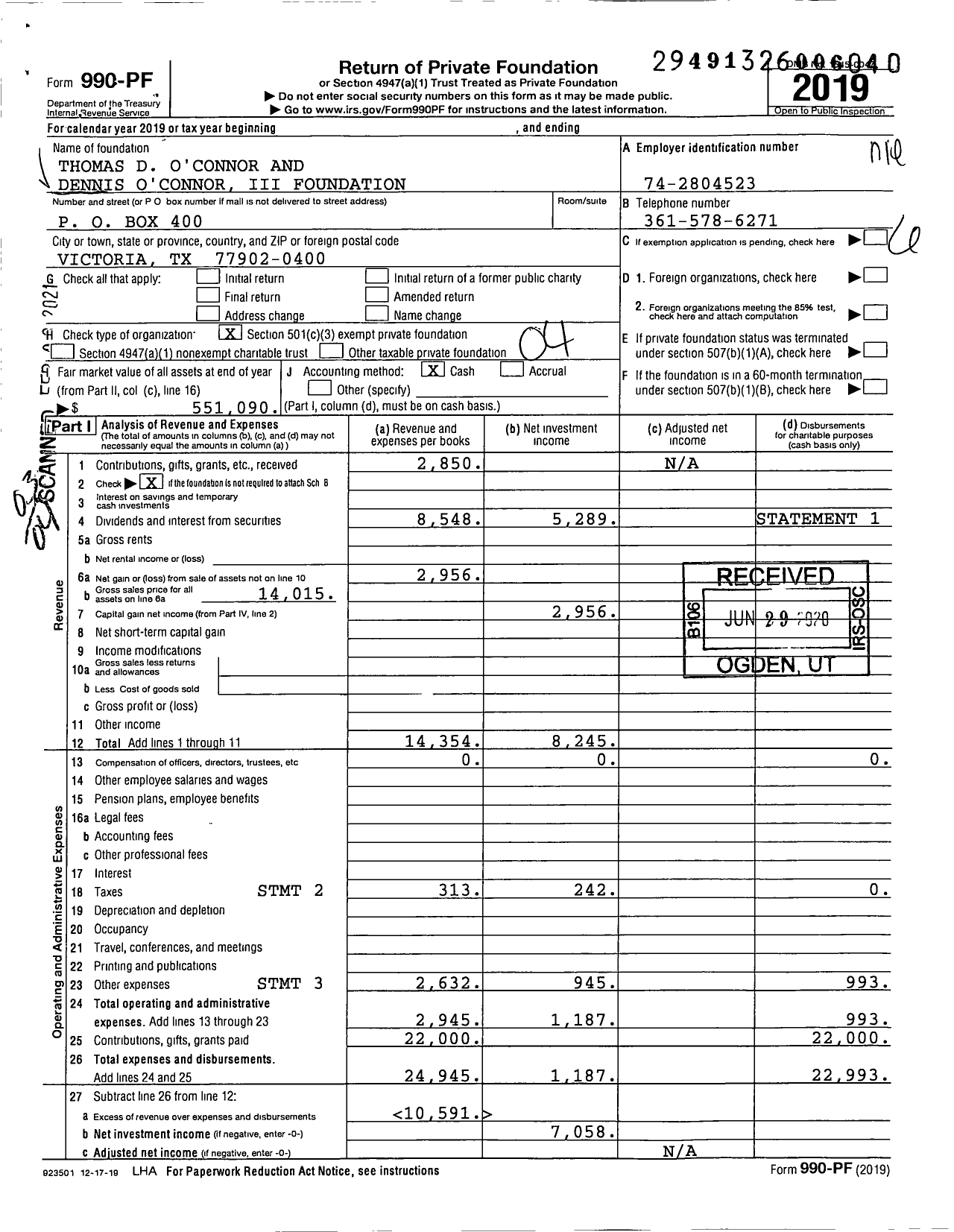 Image of first page of 2019 Form 990PF for Thomas D O'Connor and Dennis O'Connor Iii Foundation