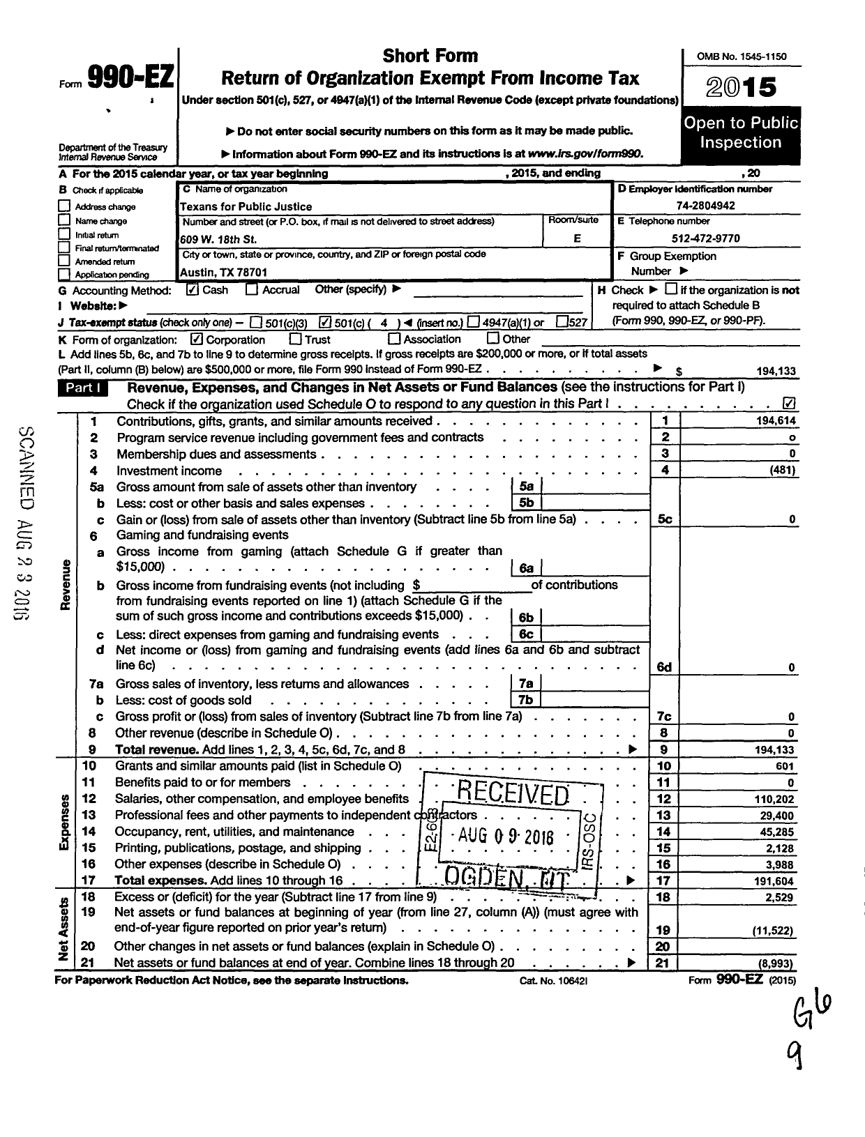 Image of first page of 2015 Form 990EO for Texans for Public Justice