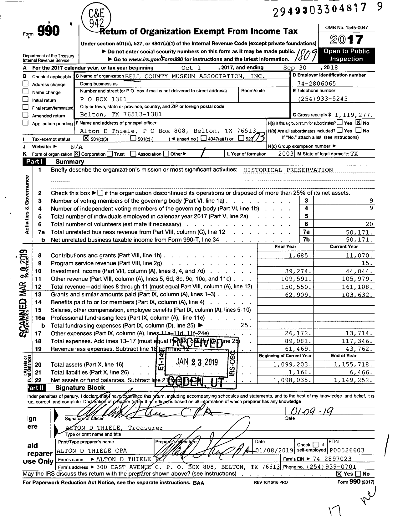 Image of first page of 2017 Form 990 for Bell County Museum Association