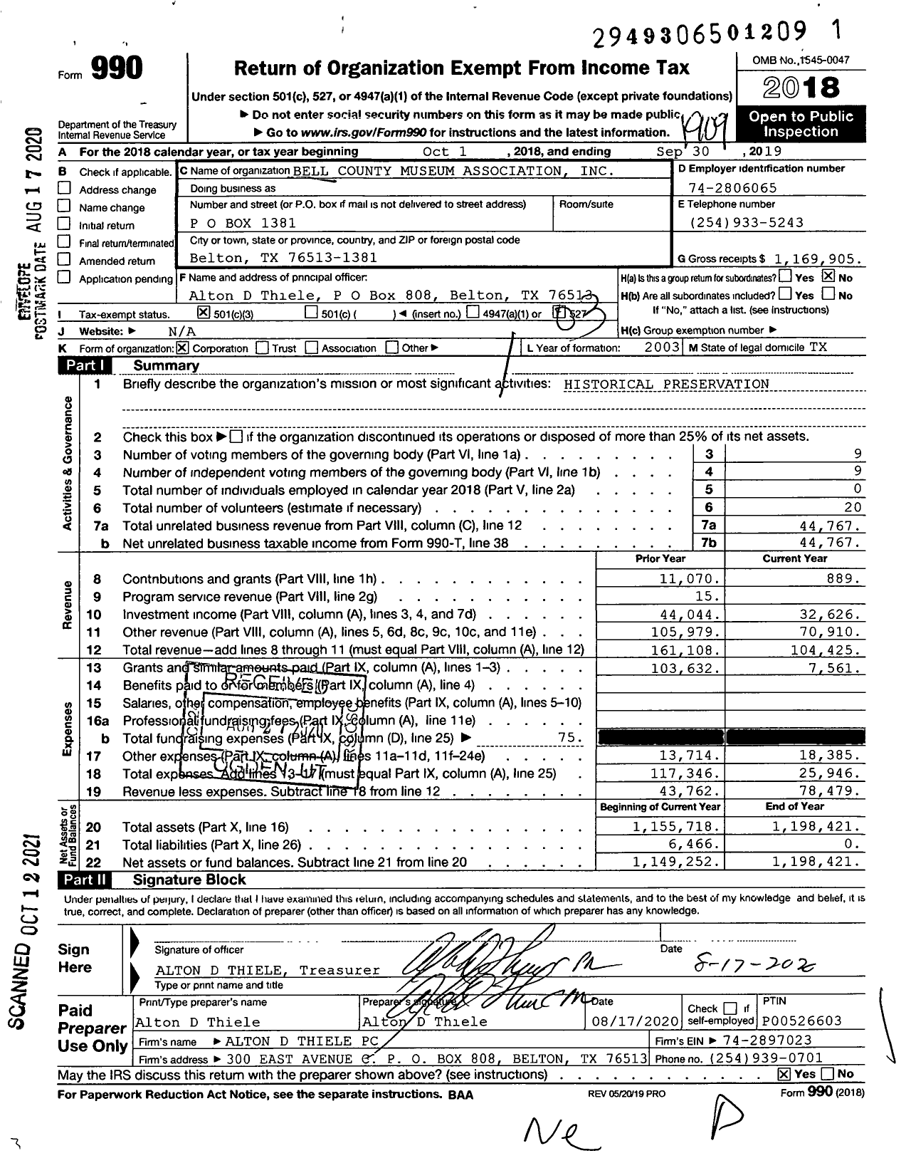 Image of first page of 2018 Form 990 for Bell County Museum Association