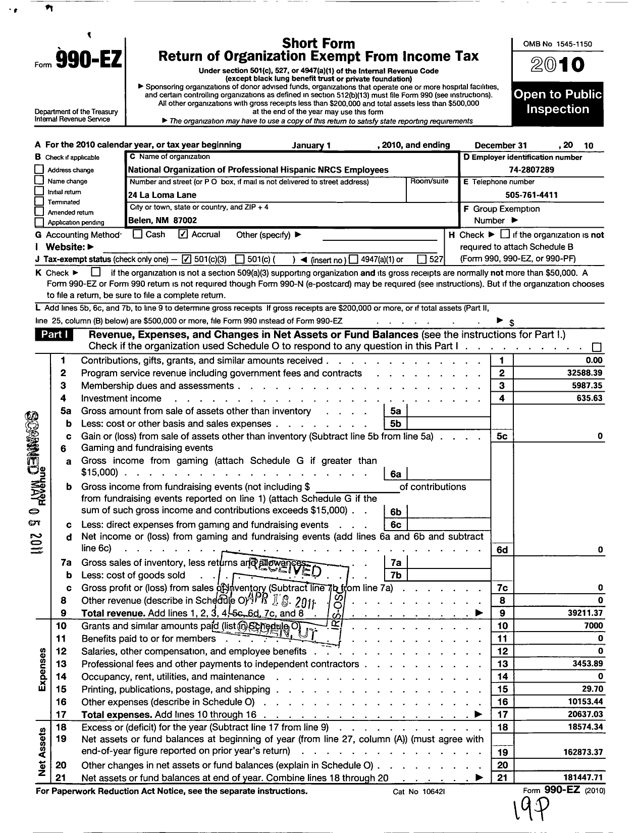 Image of first page of 2010 Form 990EZ for National Organization of Prof Hispanic Nat Resc Conv Serv Emps (NOPHNRCSE)
