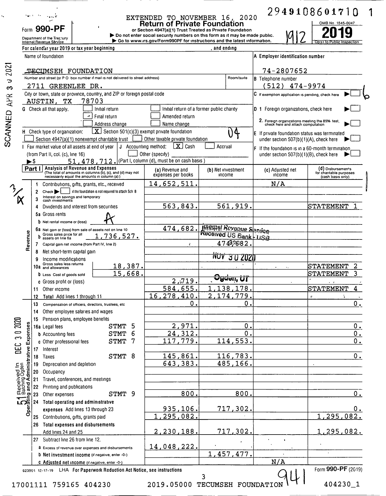 Image of first page of 2019 Form 990PF for Tecumseh Foundation