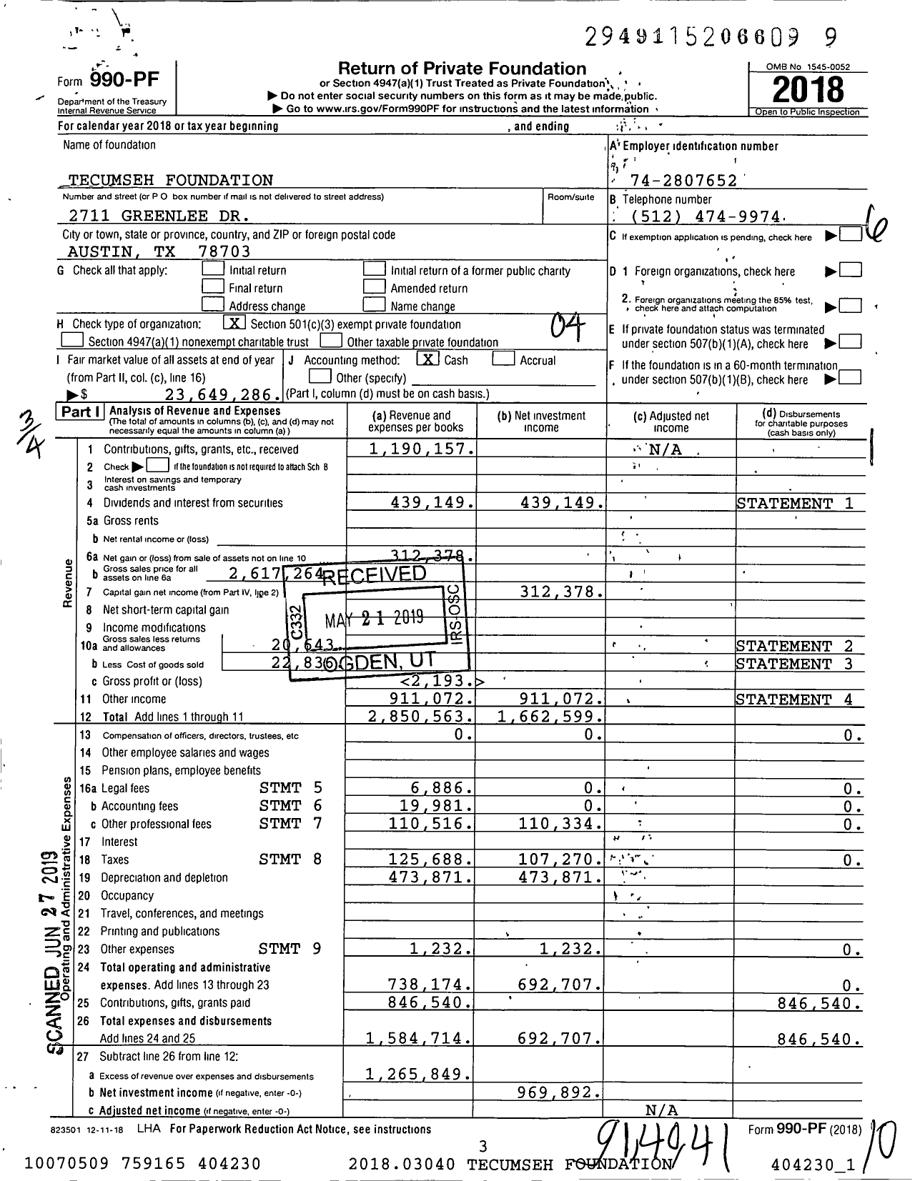 Image of first page of 2018 Form 990PF for Tecumseh Foundation