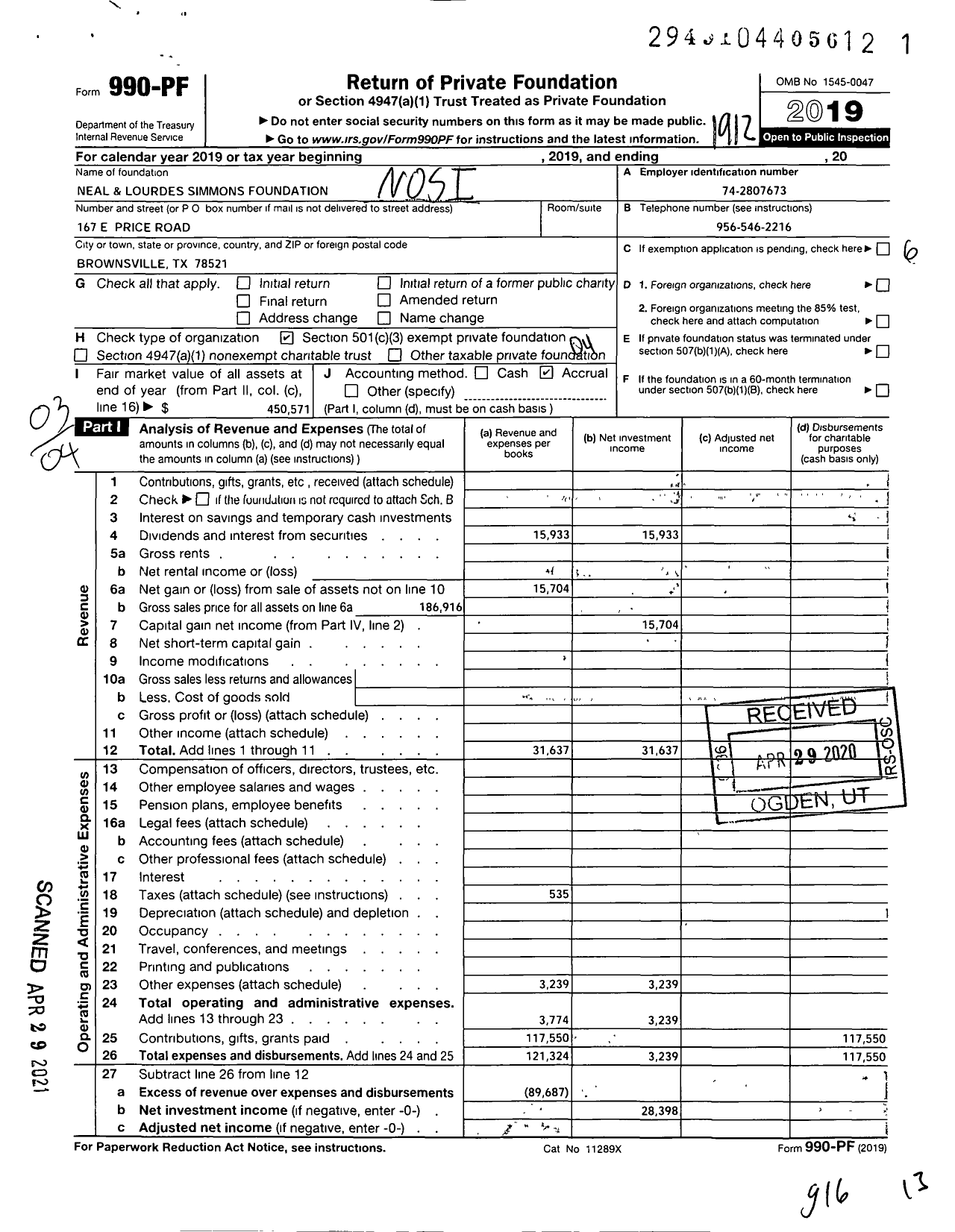 Image of first page of 2019 Form 990PF for Neal and Lourdes Simmons Foundation