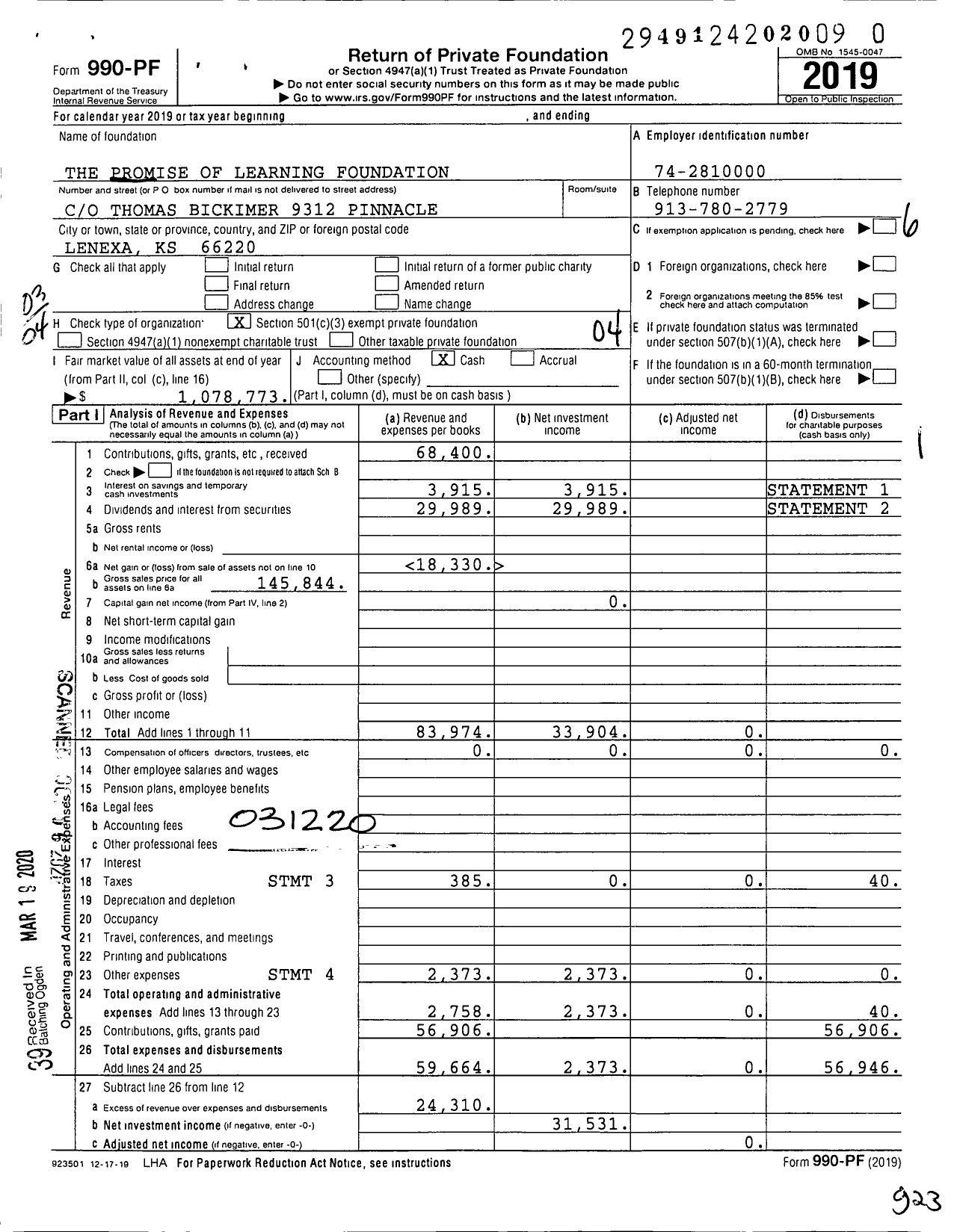 Image of first page of 2019 Form 990PR for Bickimer Family Foundation