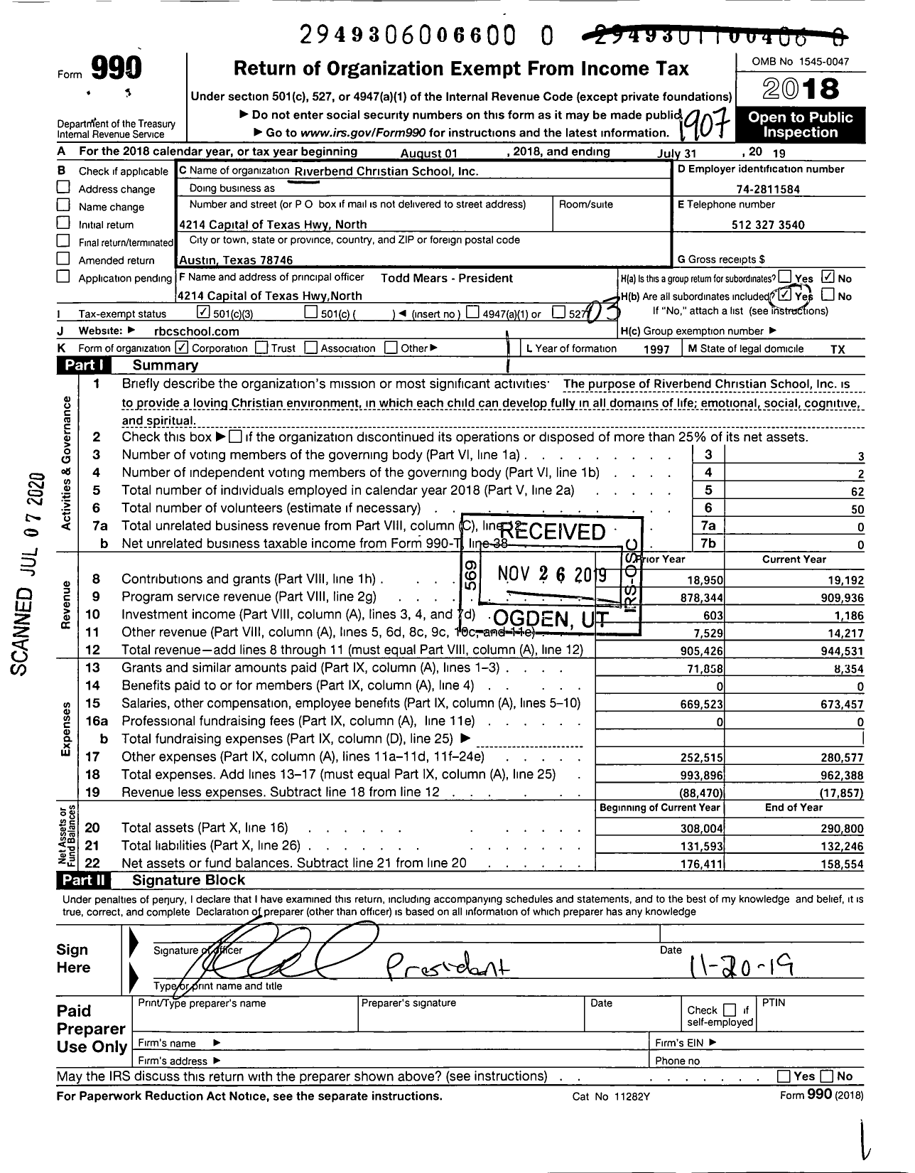 Image of first page of 2018 Form 990 for Riverbend Christian School