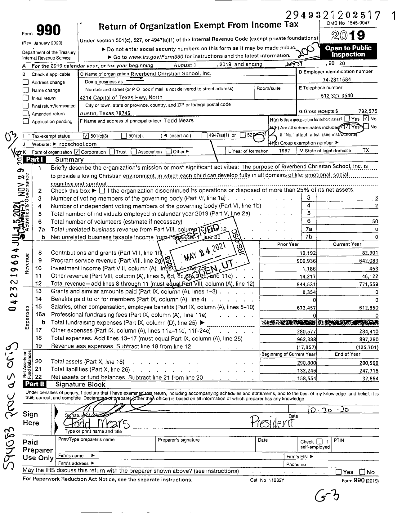 Image of first page of 2019 Form 990 for Riverbend Christian School